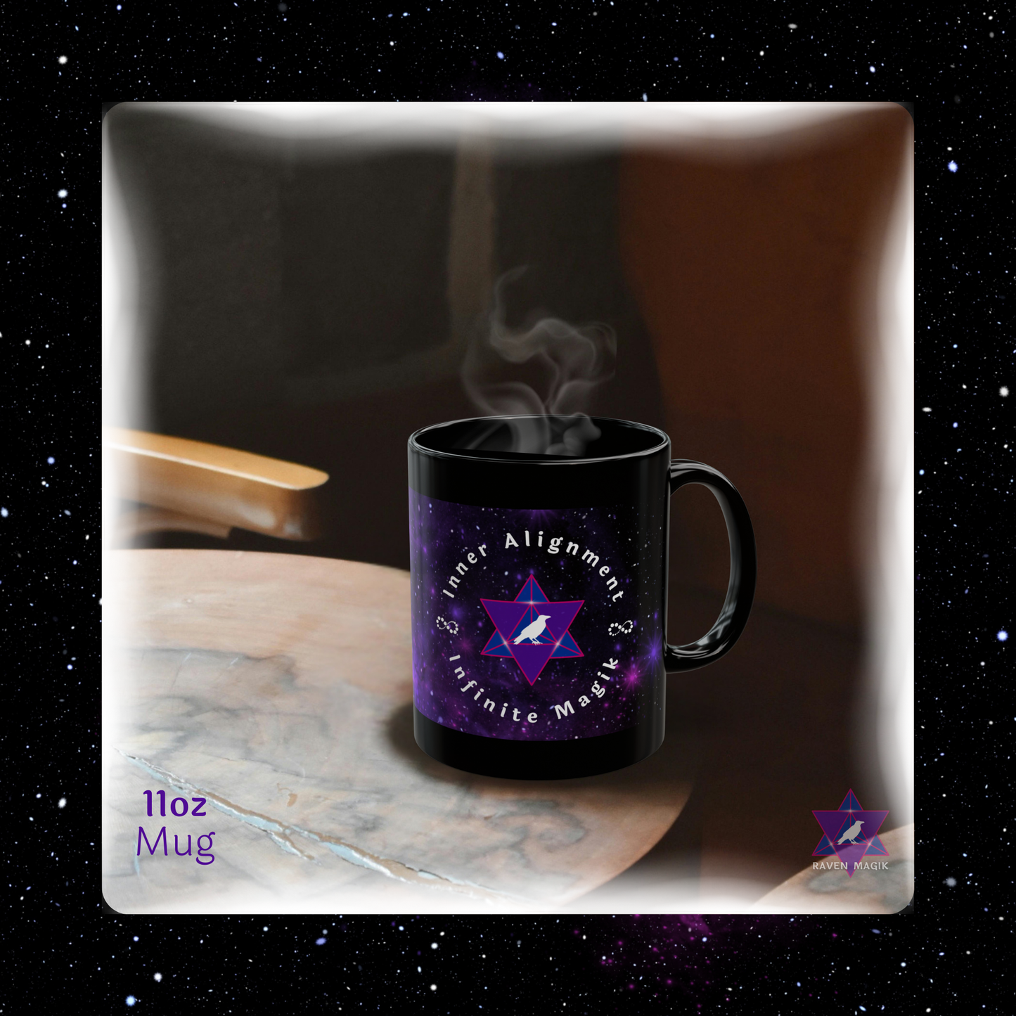 Black mug with a star design on a marble surface, with 'Infinite Magic' branding.