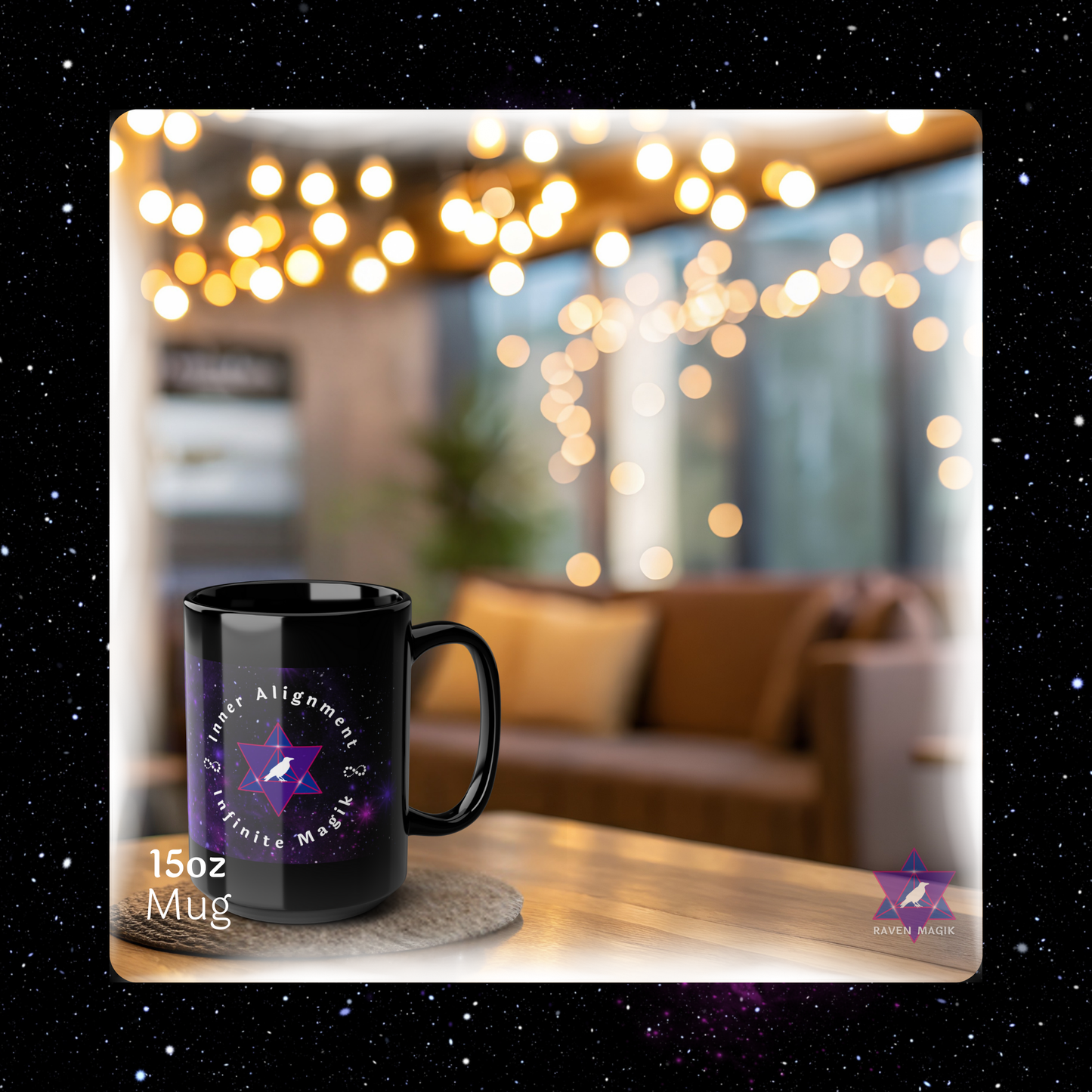 Black mug with a logo on a coaster in a cozy living room setting