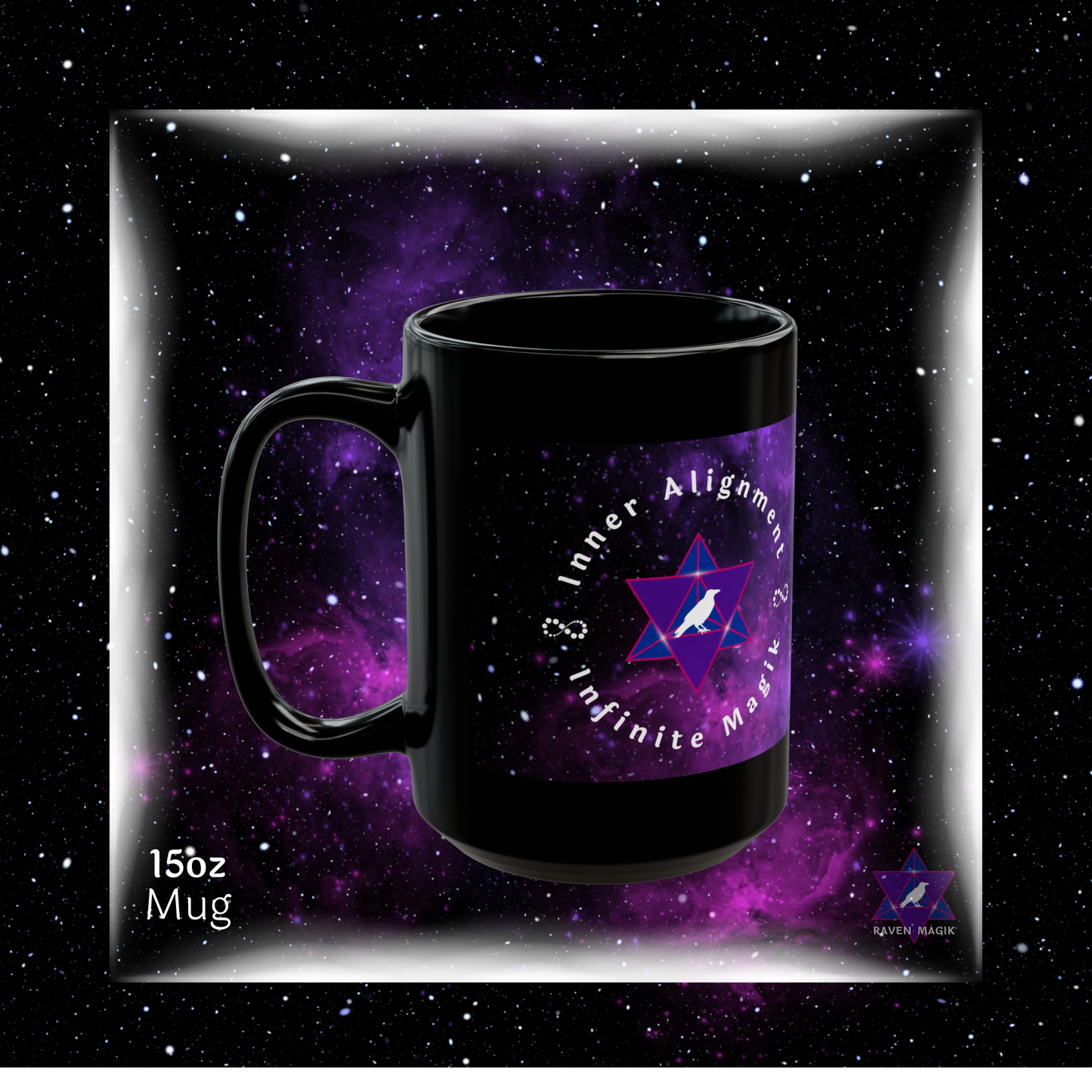 Black mug with a purple design on a starry background