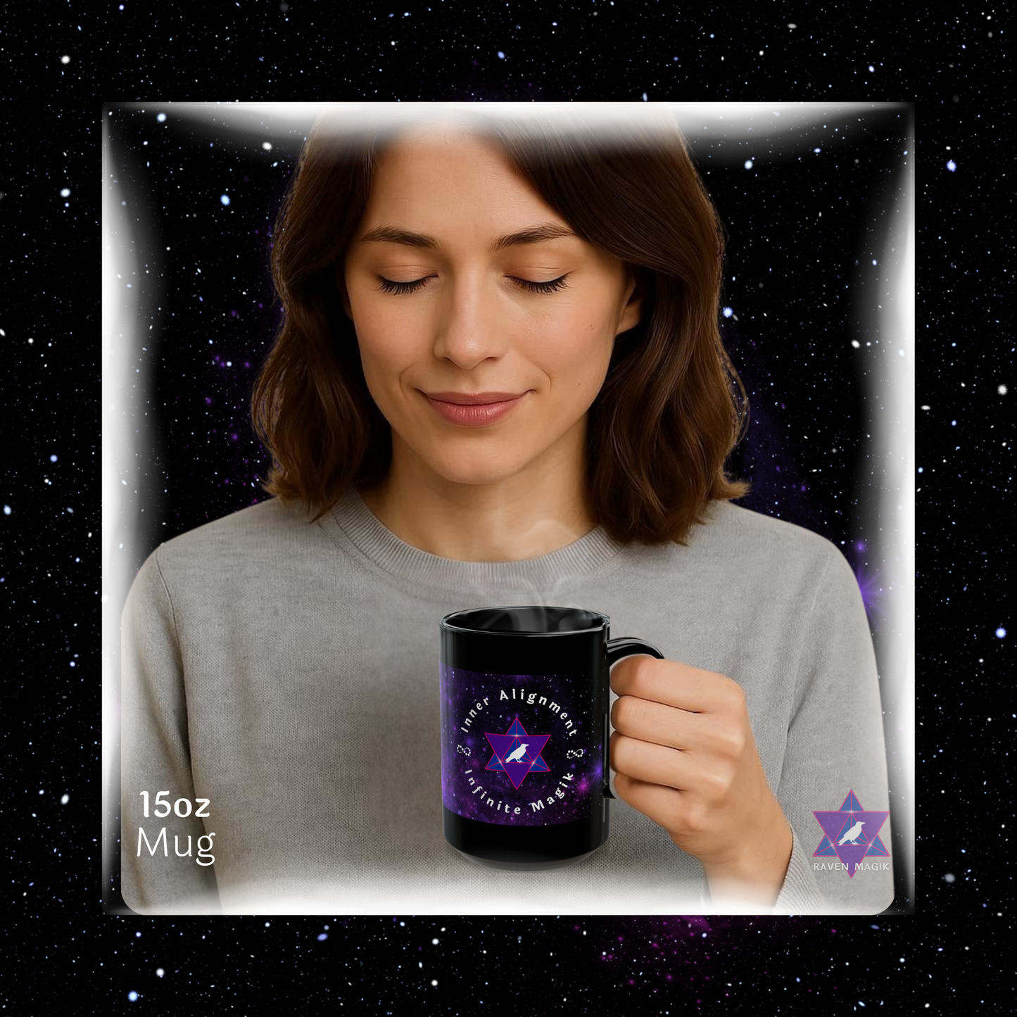 Person holding a black mug with a purple design against a starry night sky background