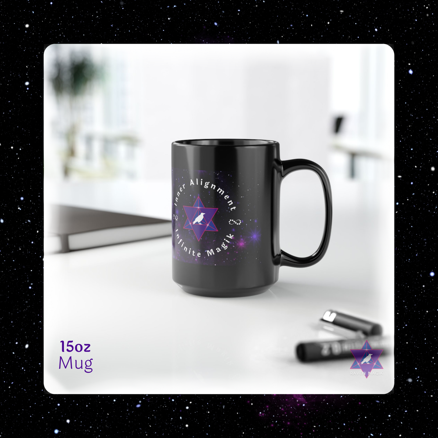 Black mug with a star design and text on a white surface with a blurred background