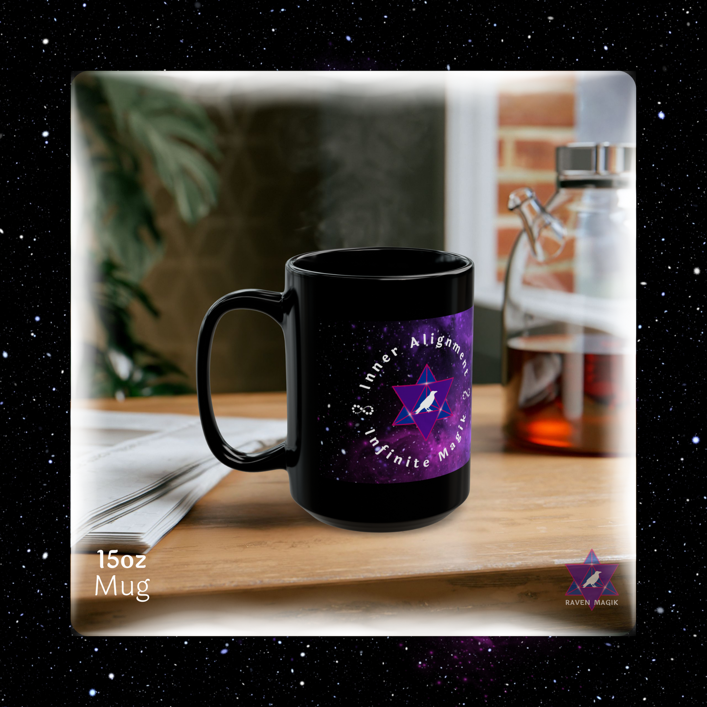 Black mug with a purple design on a wooden surface