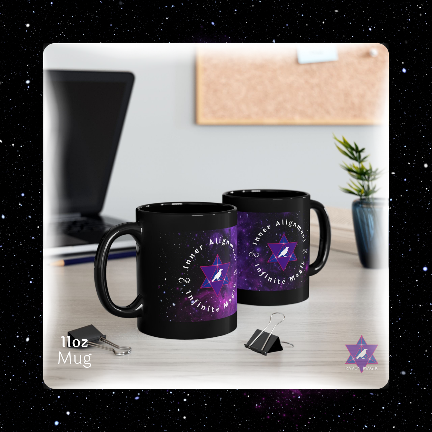 Two black mugs with purple designs on a desk with office items.