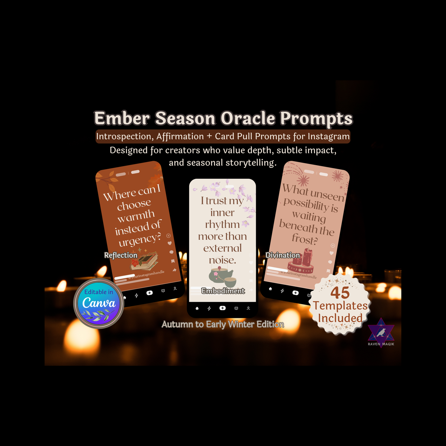 Promotional graphic for Ember Season Oracle Prompts with phone screens displaying prompts and candles in the background.