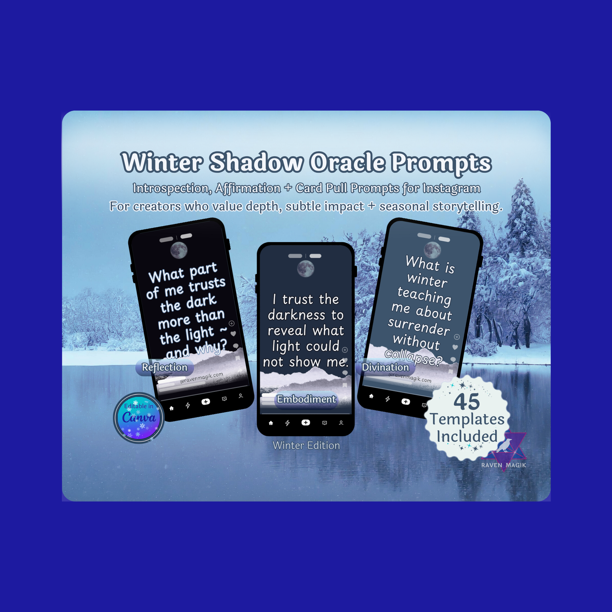 Promotional graphic for 'Winter Shadow Oracle Prompts' with phone screens displaying quotes against a snowy landscape background.