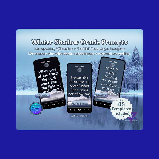 Promotional graphic for 'Winter Shadow Oracle Prompts' with phone screens displaying quotes against a snowy landscape background.