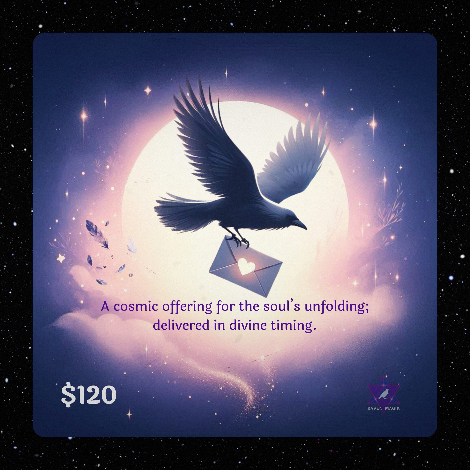 Card with a bird carrying an envelope against a cosmic background, featuring text and a price $120