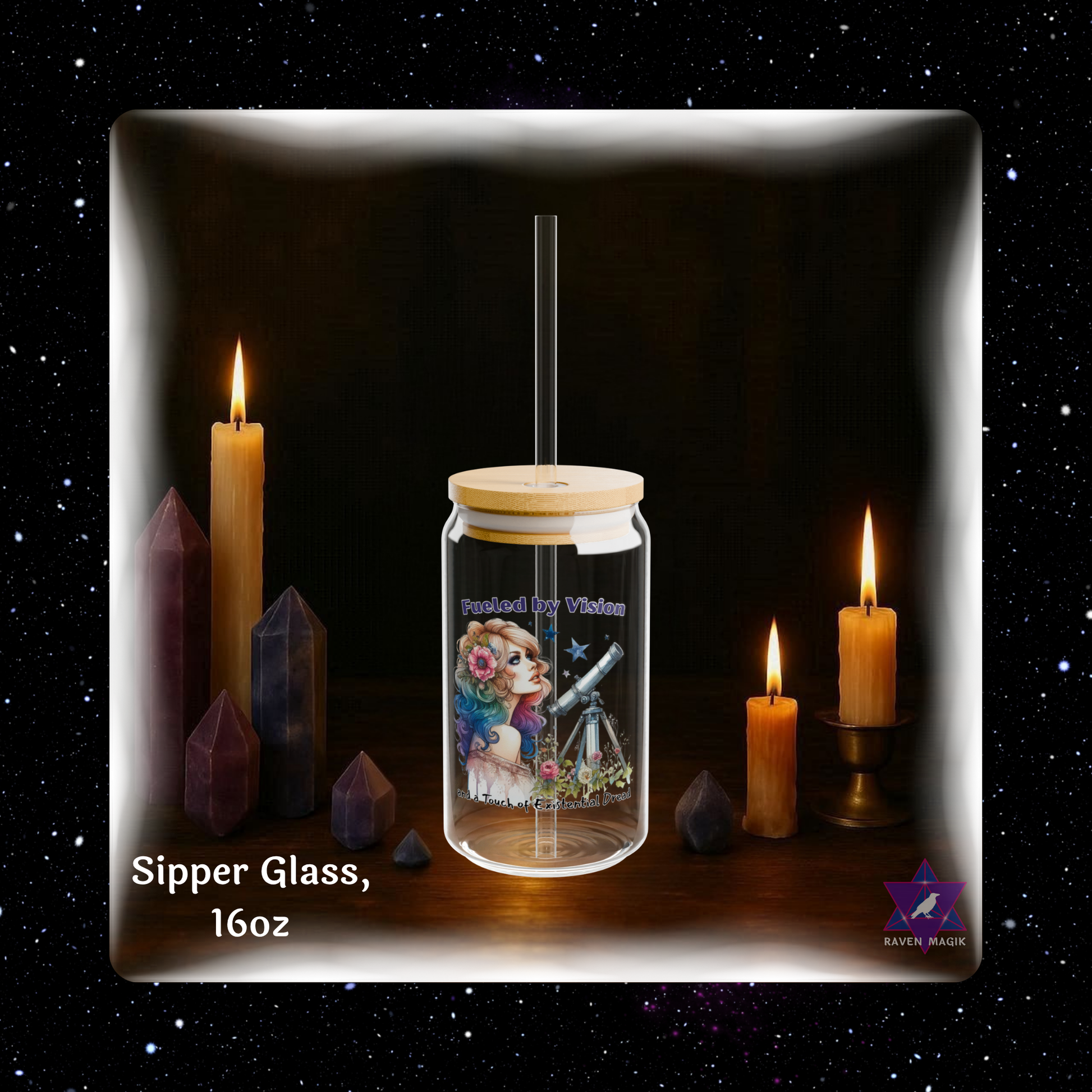 Glass jar with a printed design on a dark background with candles and crystals.