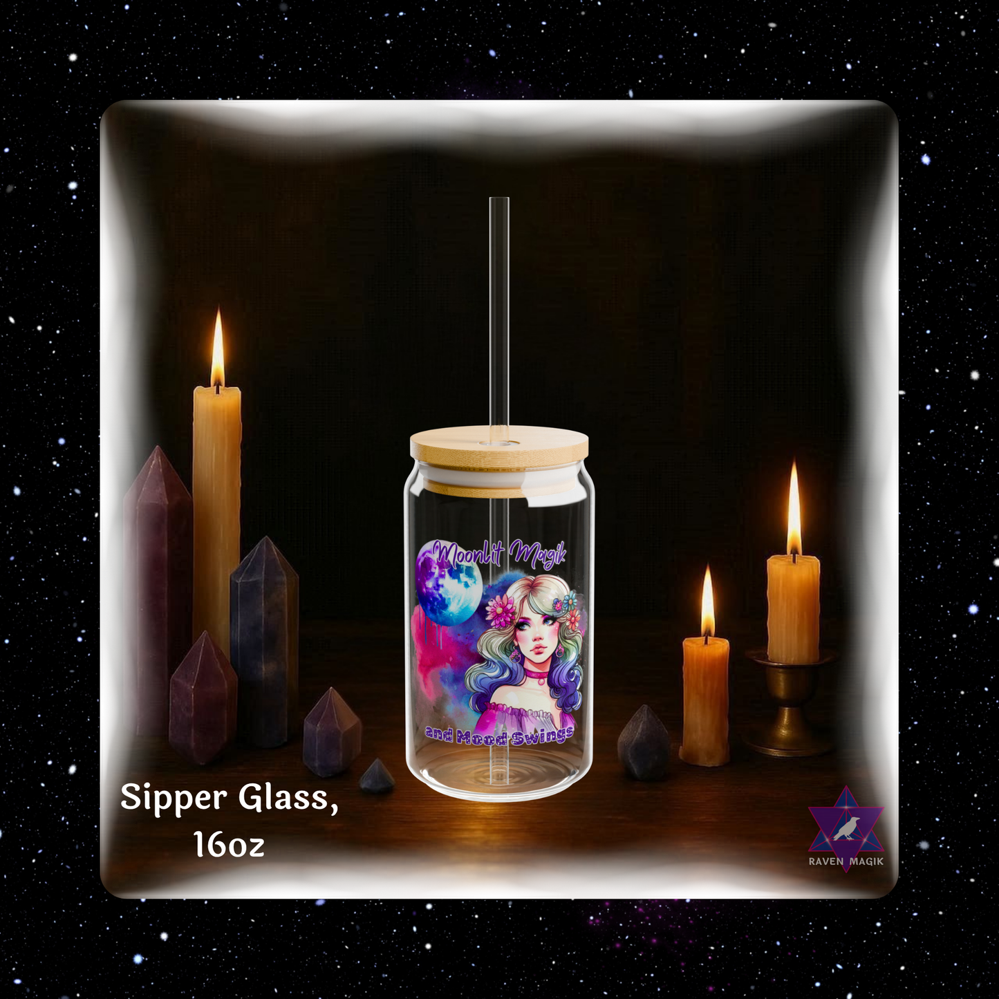 Glass sipper with a design on a dark background with candles and crystals