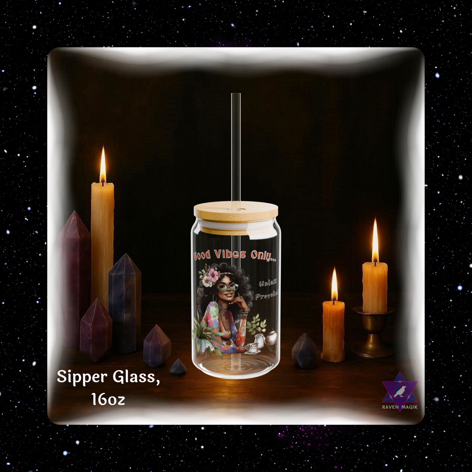 Glass jar with wooden lid labeled 'Good Vibes Only' on a dark background with candles and crystals.