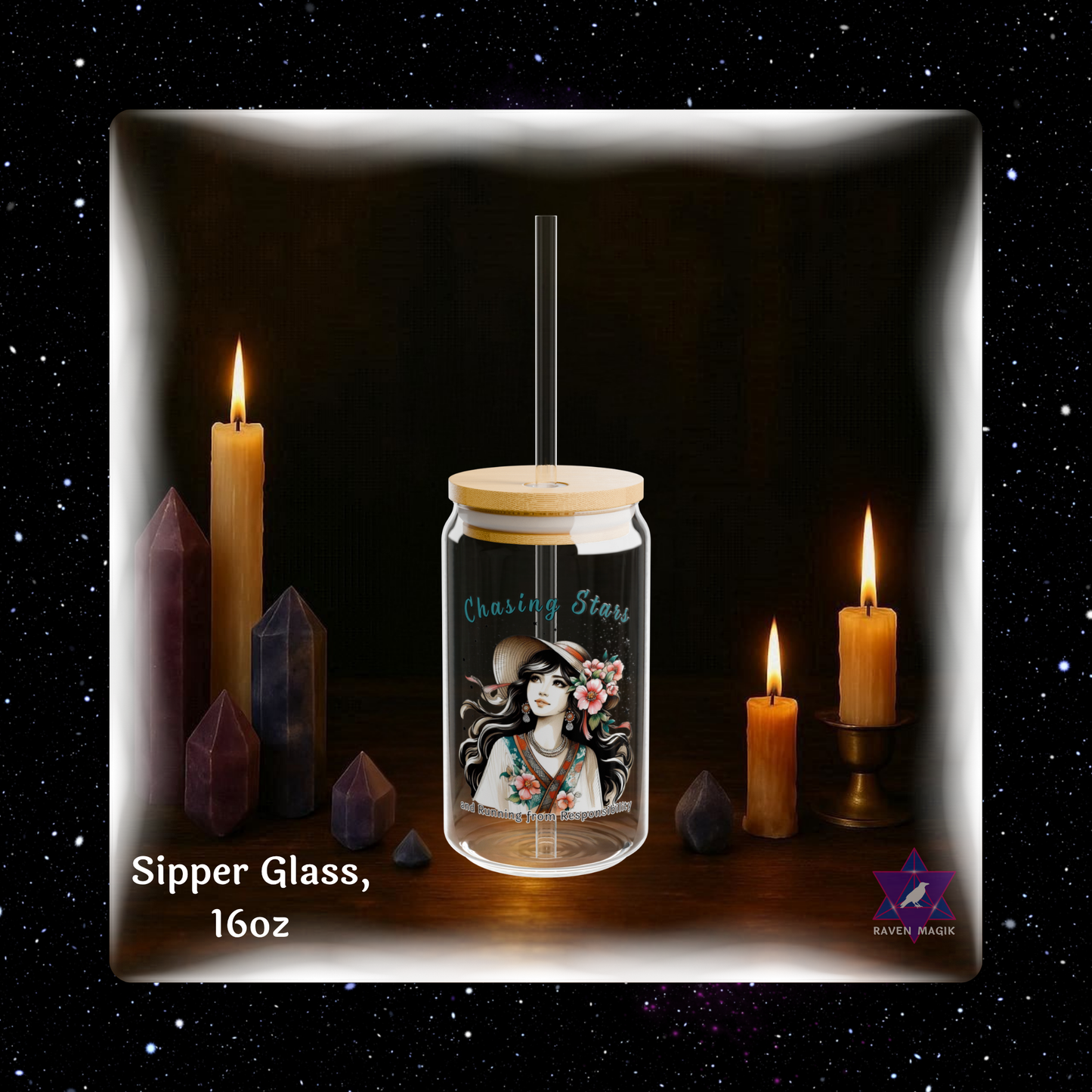 Glass sipper with a design of a woman wearing a hat, surrounded by candles and crystals on a dark background.