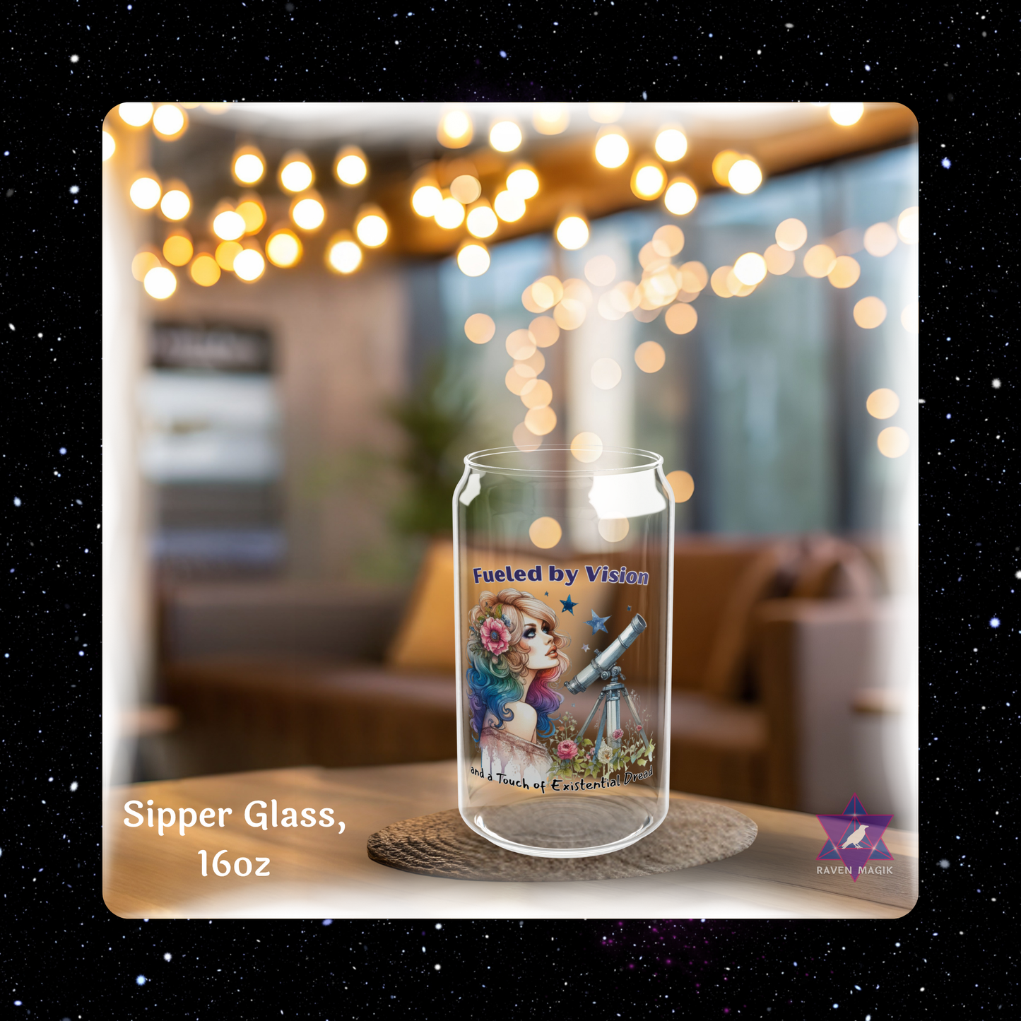 Glass sipper with a design on a table with blurred lights in the background