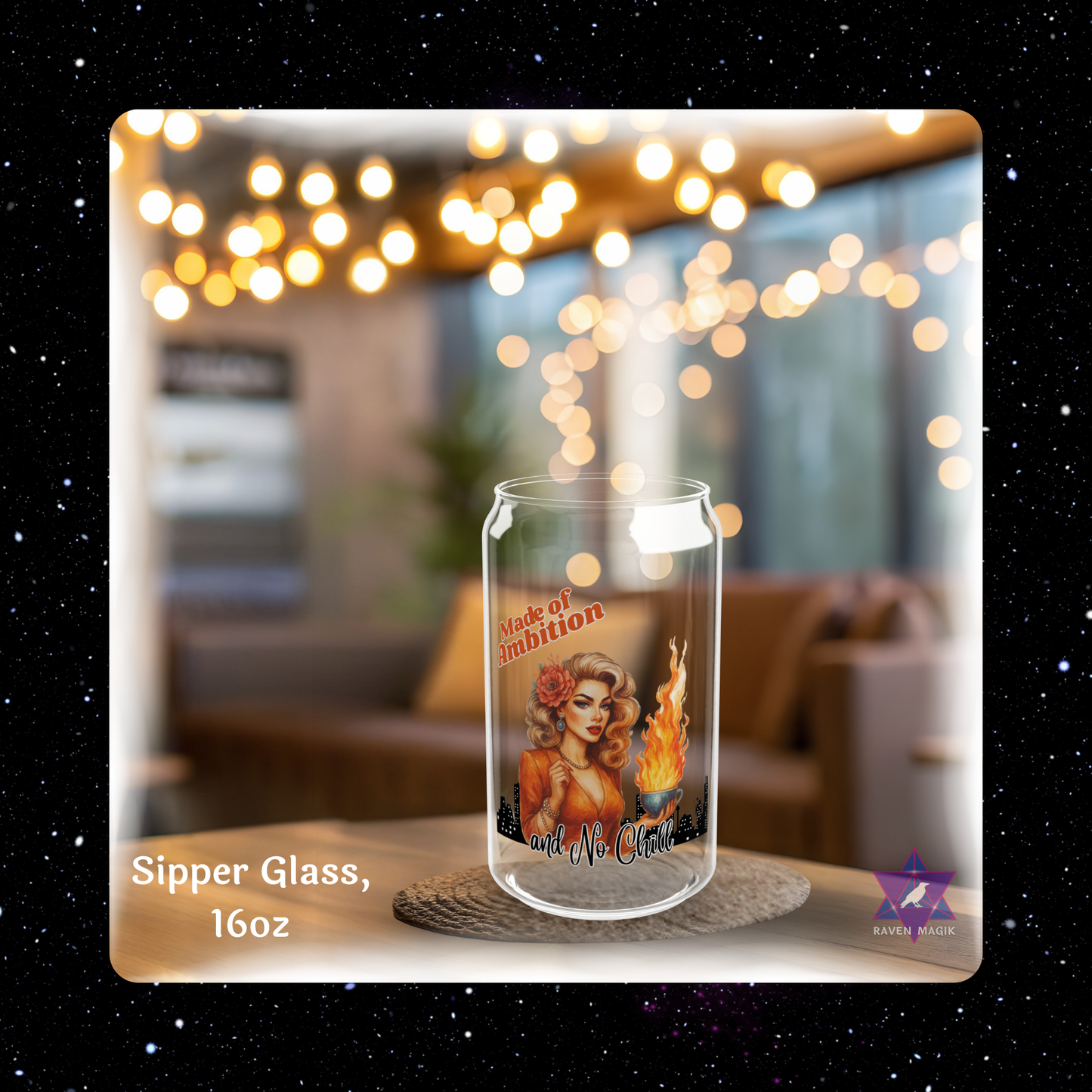 Glass sipper with design and text on a blurred indoor background