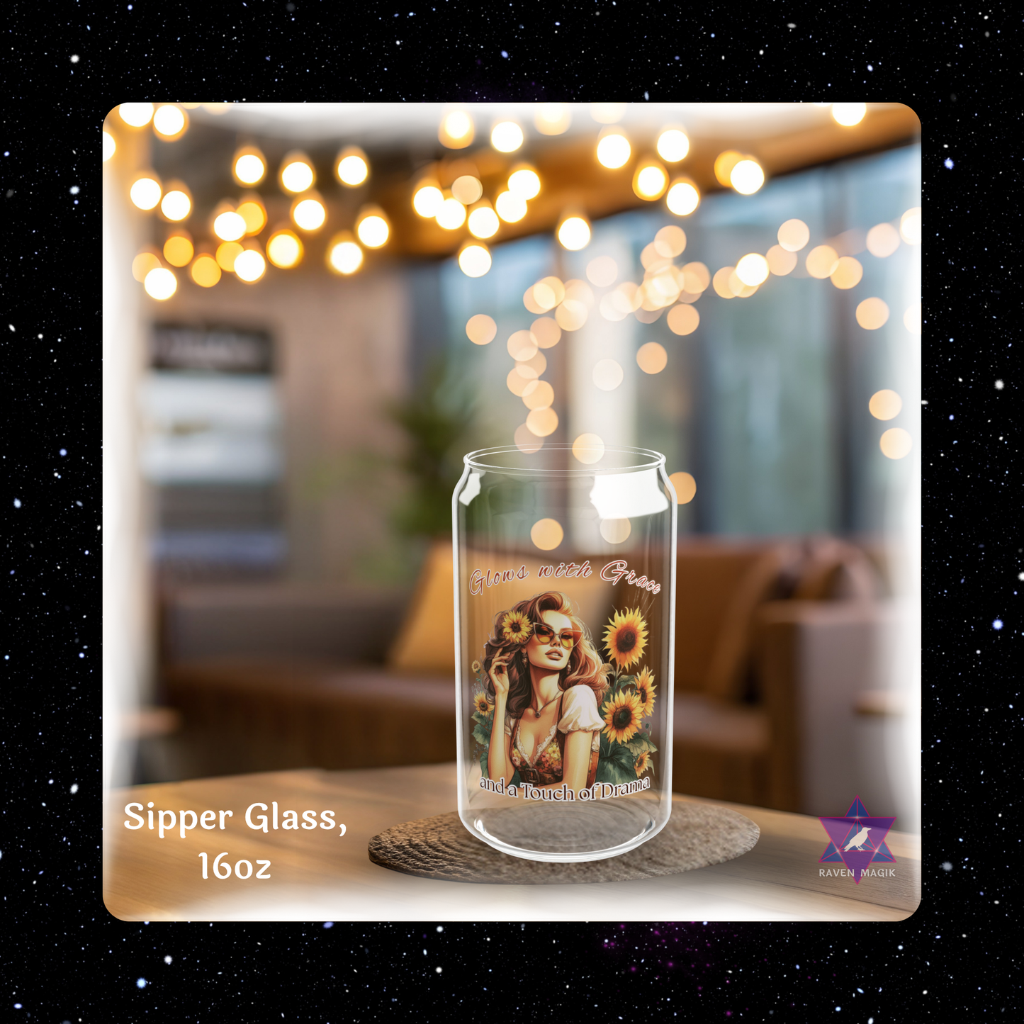 Glass sipper with design on a coaster in a cozy indoor setting with string lights.
