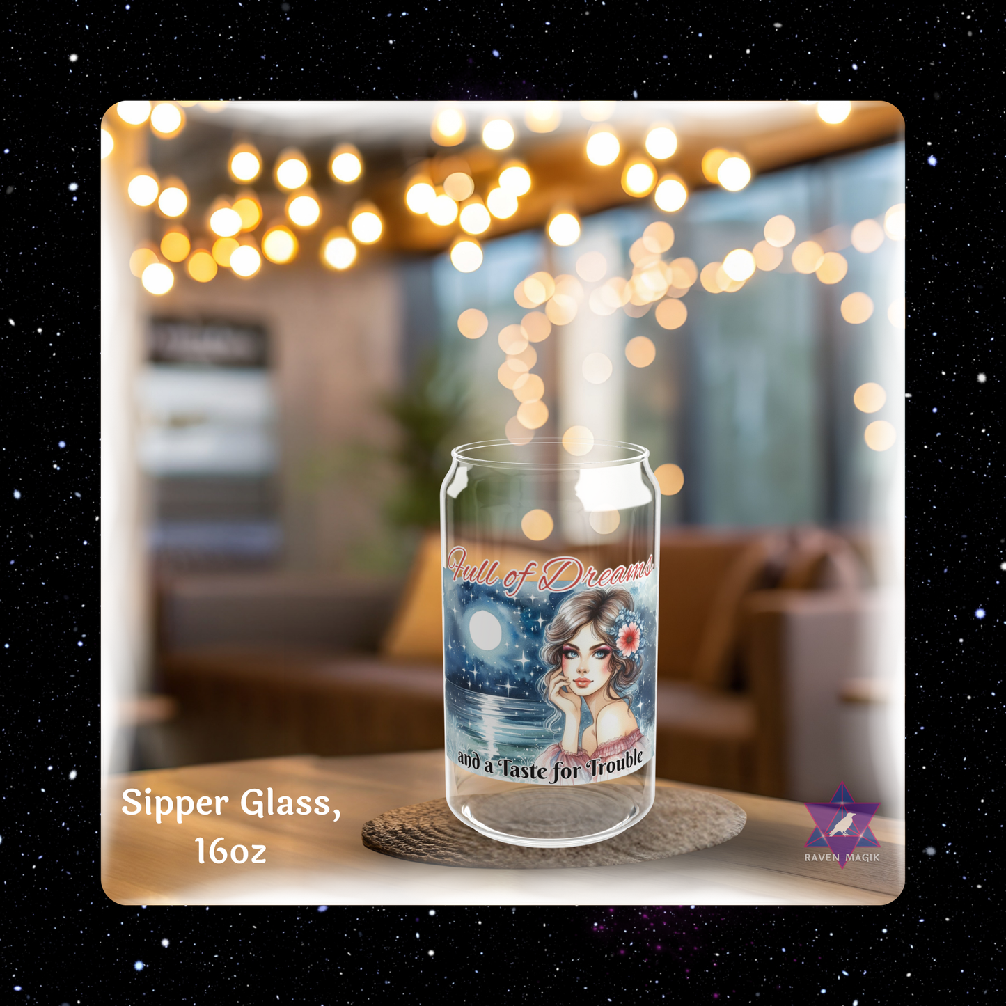 Glass sipper with artistic design on a blurred indoor background