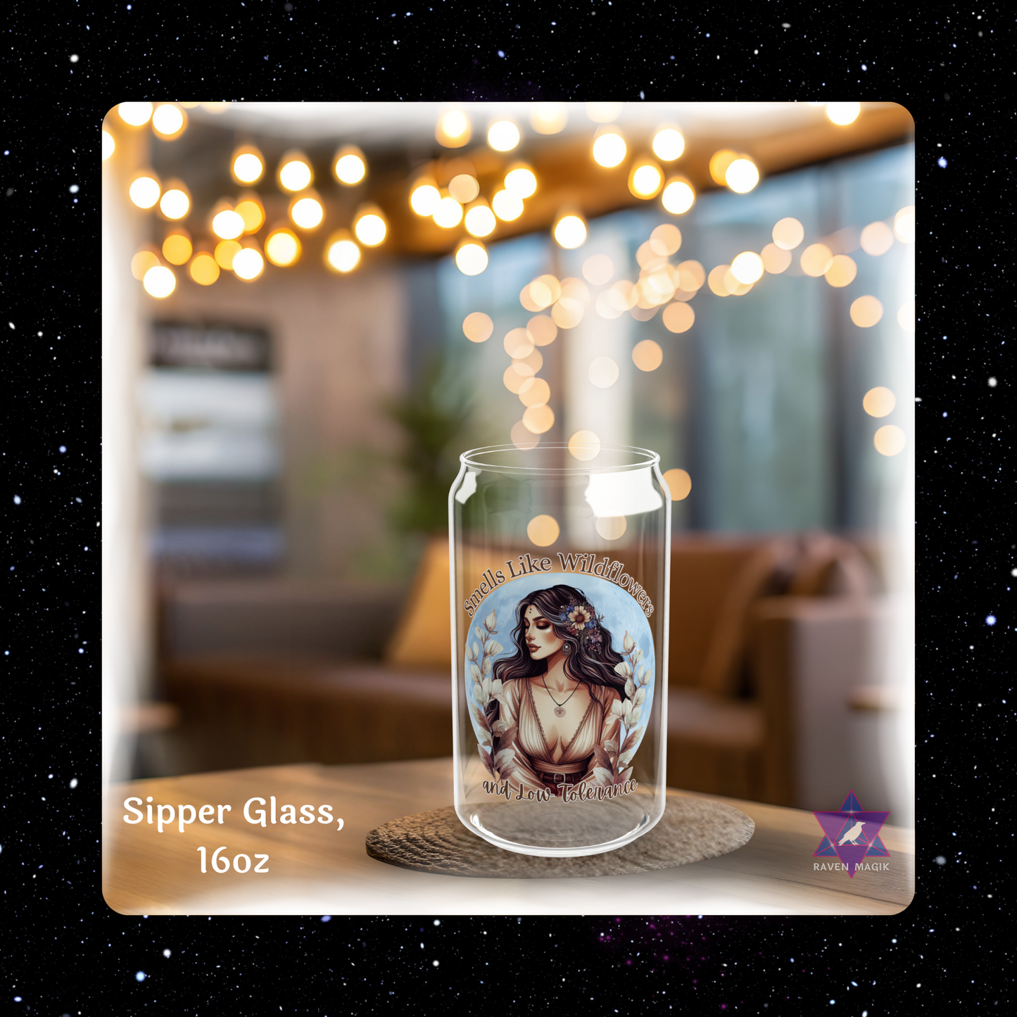 Glass sipper with artistic design on a blurred indoor background