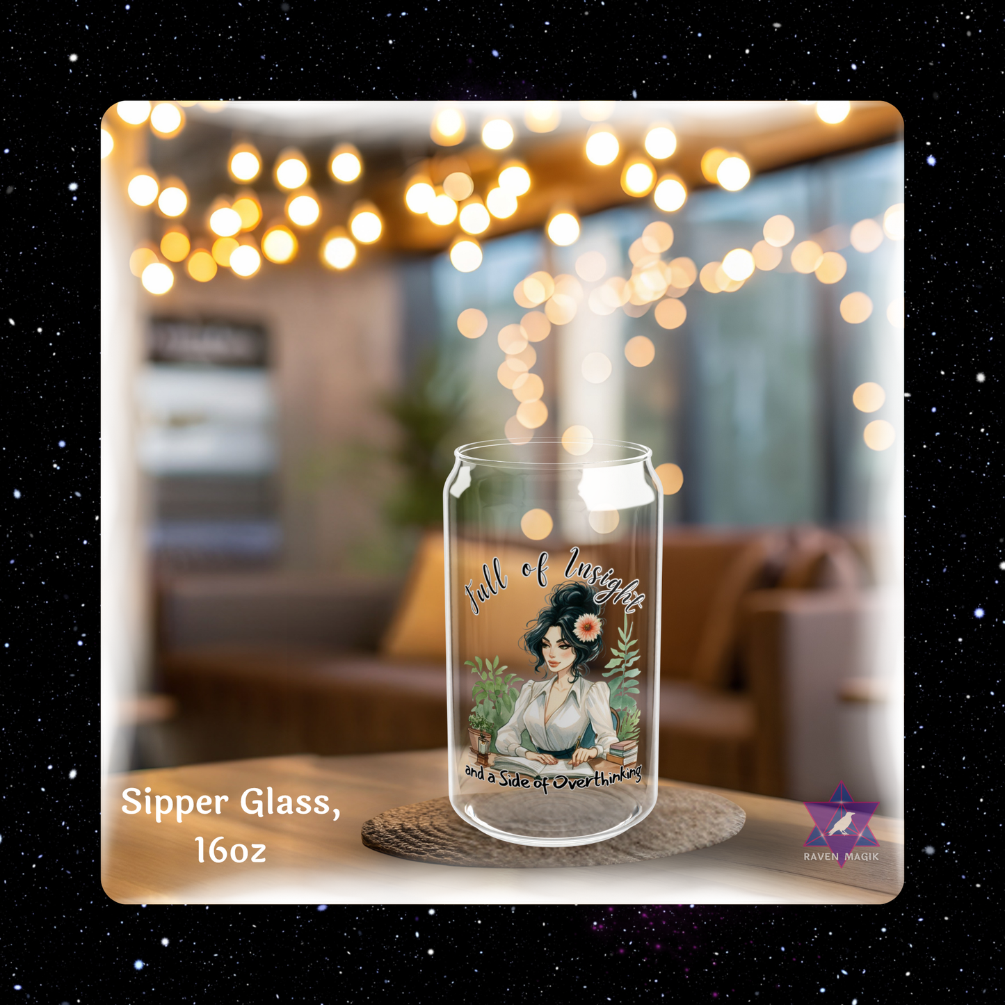 Clear glass sipper with design and text on a blurred indoor background