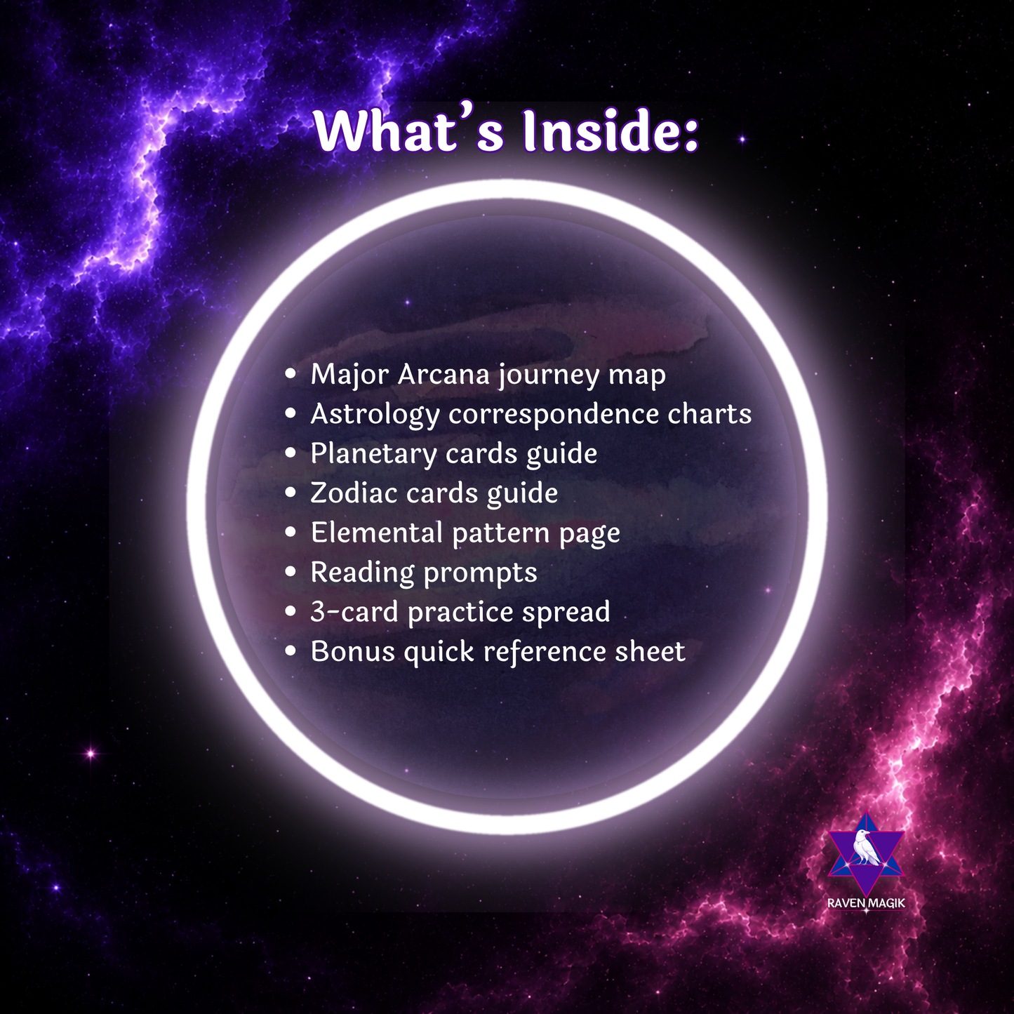 A purple and black cosmic slide titled “What’s Inside,” listing the contents of The Hidden Astrology of the Tarot guide, including a Major Arcana journey map, astrology correspondence charts, planetary and zodiac card guides, an elemental pattern page, reading prompts, a 3-card practice spread, and a bonus quick reference sheet.
