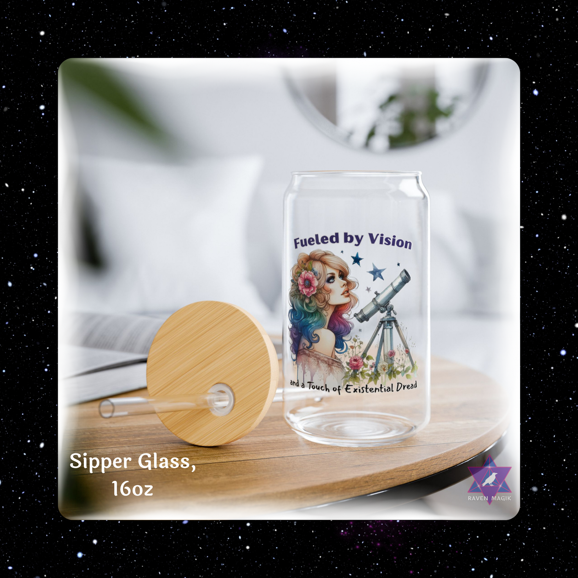 Glass sipper with wooden lid on a wooden stand, featuring a design and text.