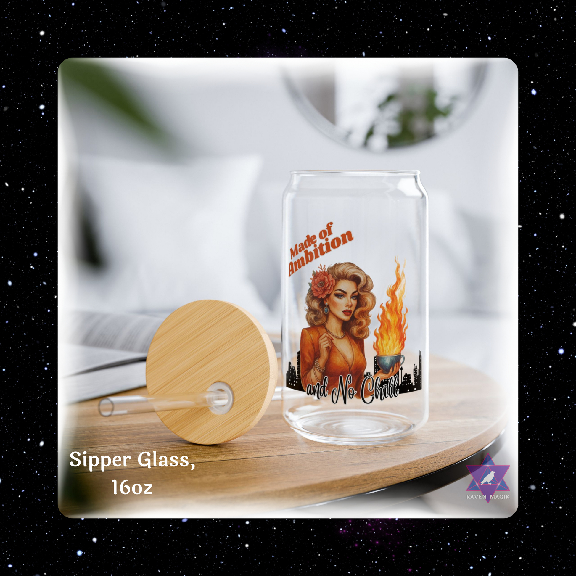Sipper glass with wooden lid on a wooden coaster, featuring a design of a woman and text.
