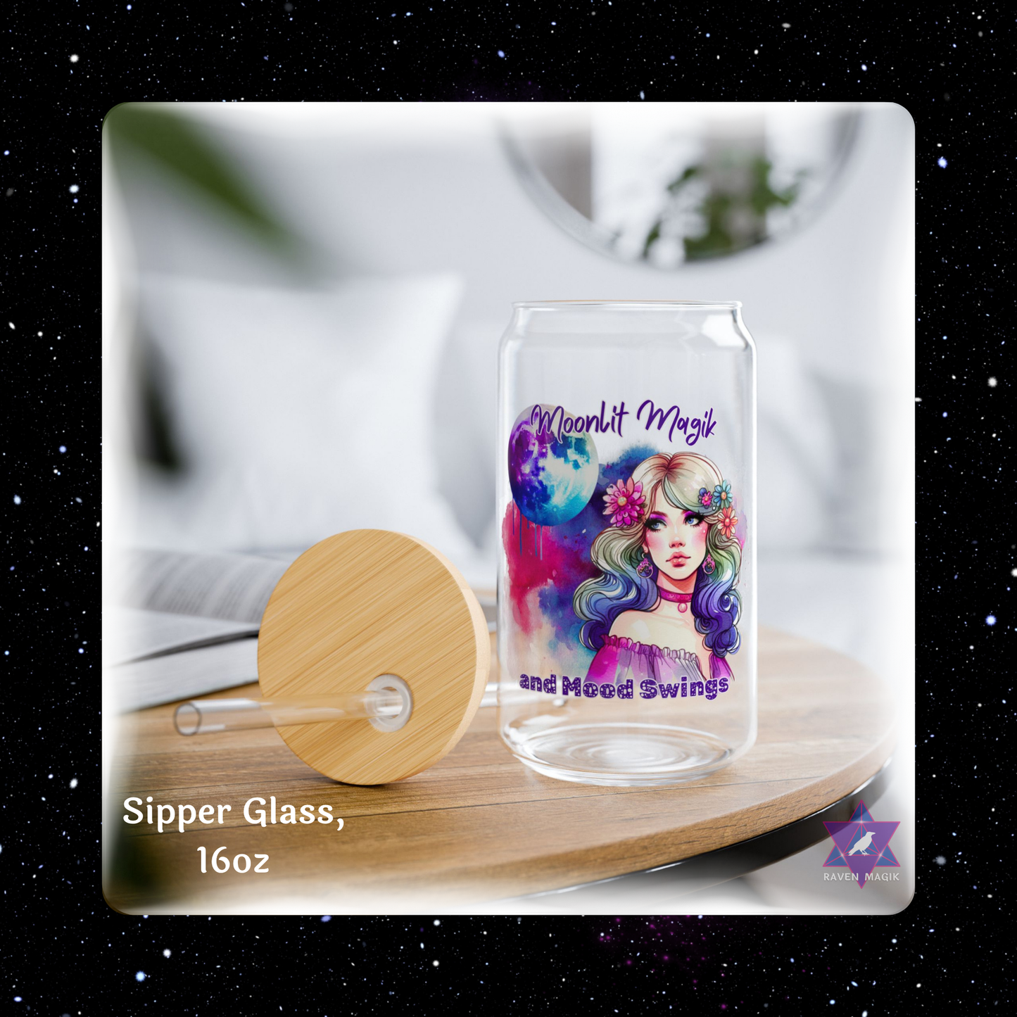 Sipper glass with artistic design on a wooden coaster