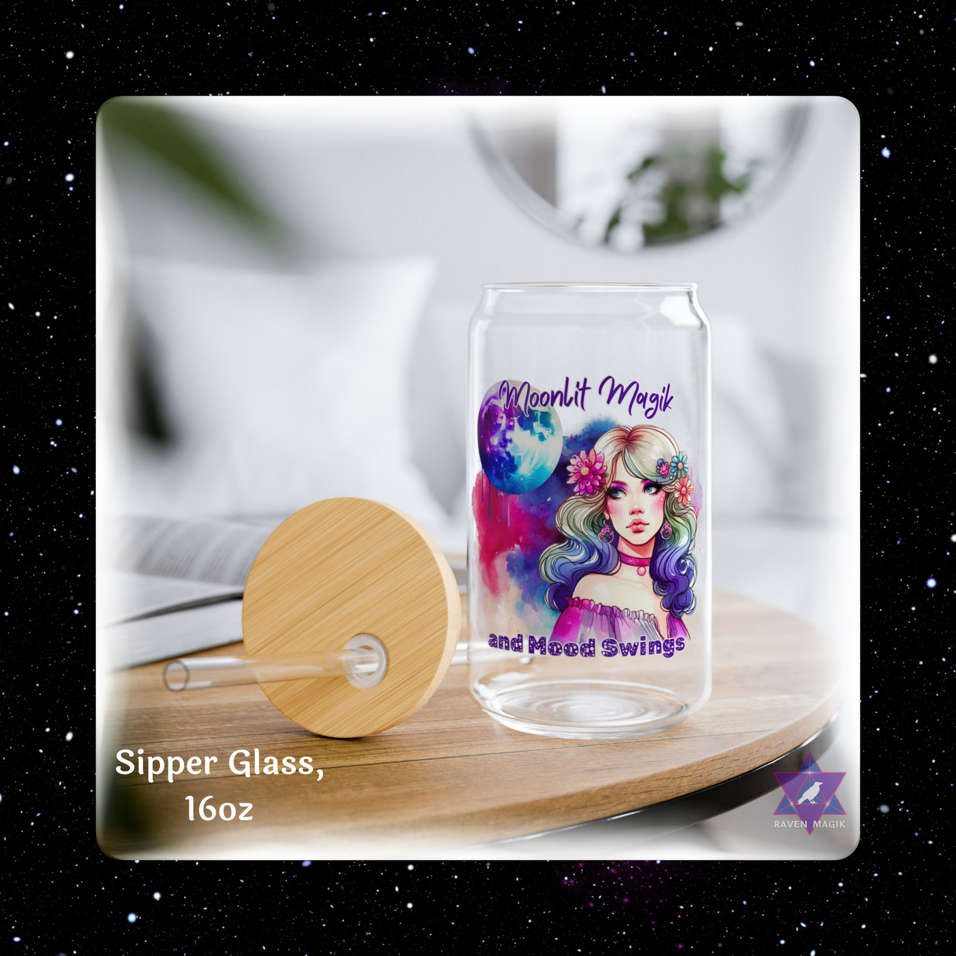 Sipper glass with artistic design on a wooden coaster