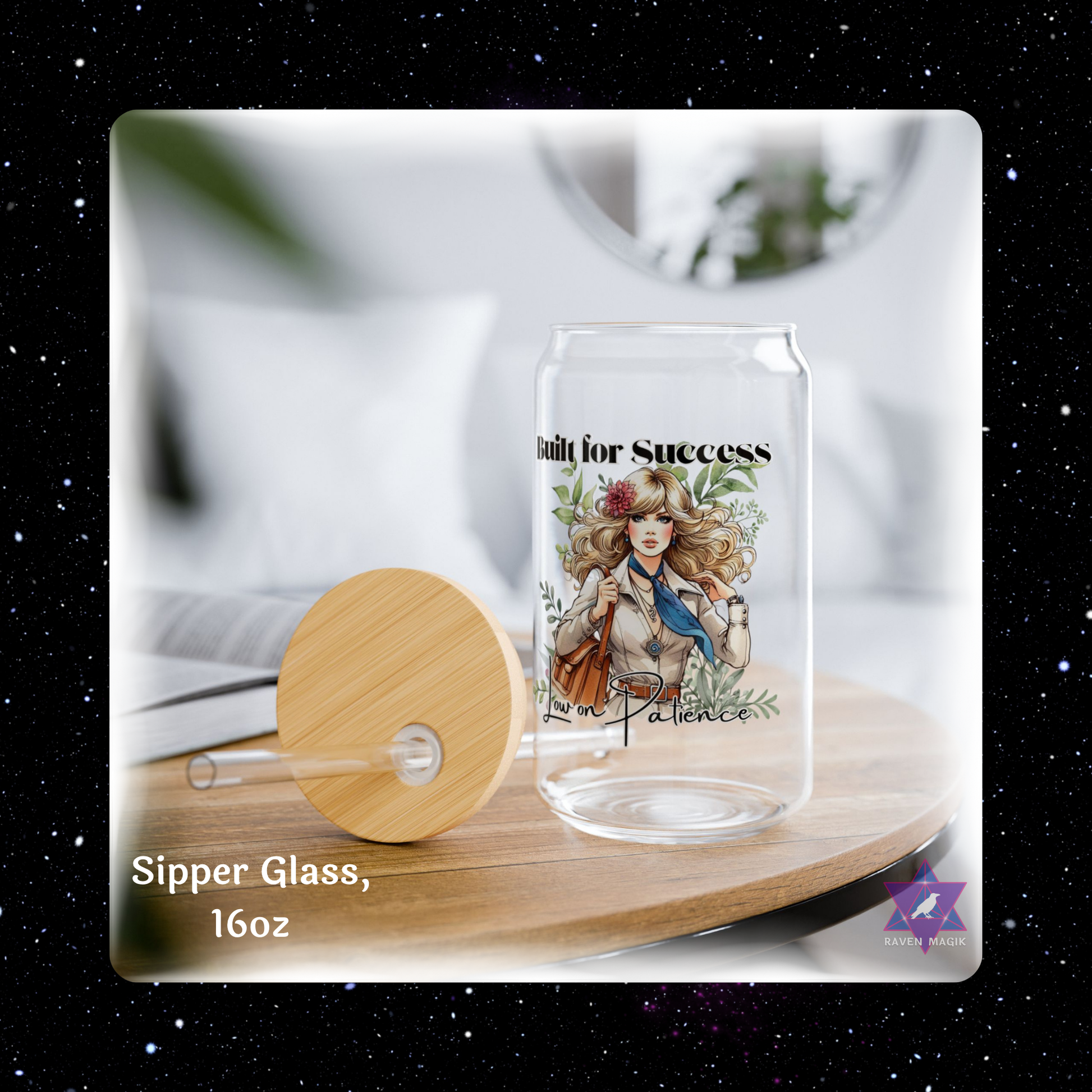 Glass sipper with wooden lid on a wooden coaster, featuring an illustration and text.