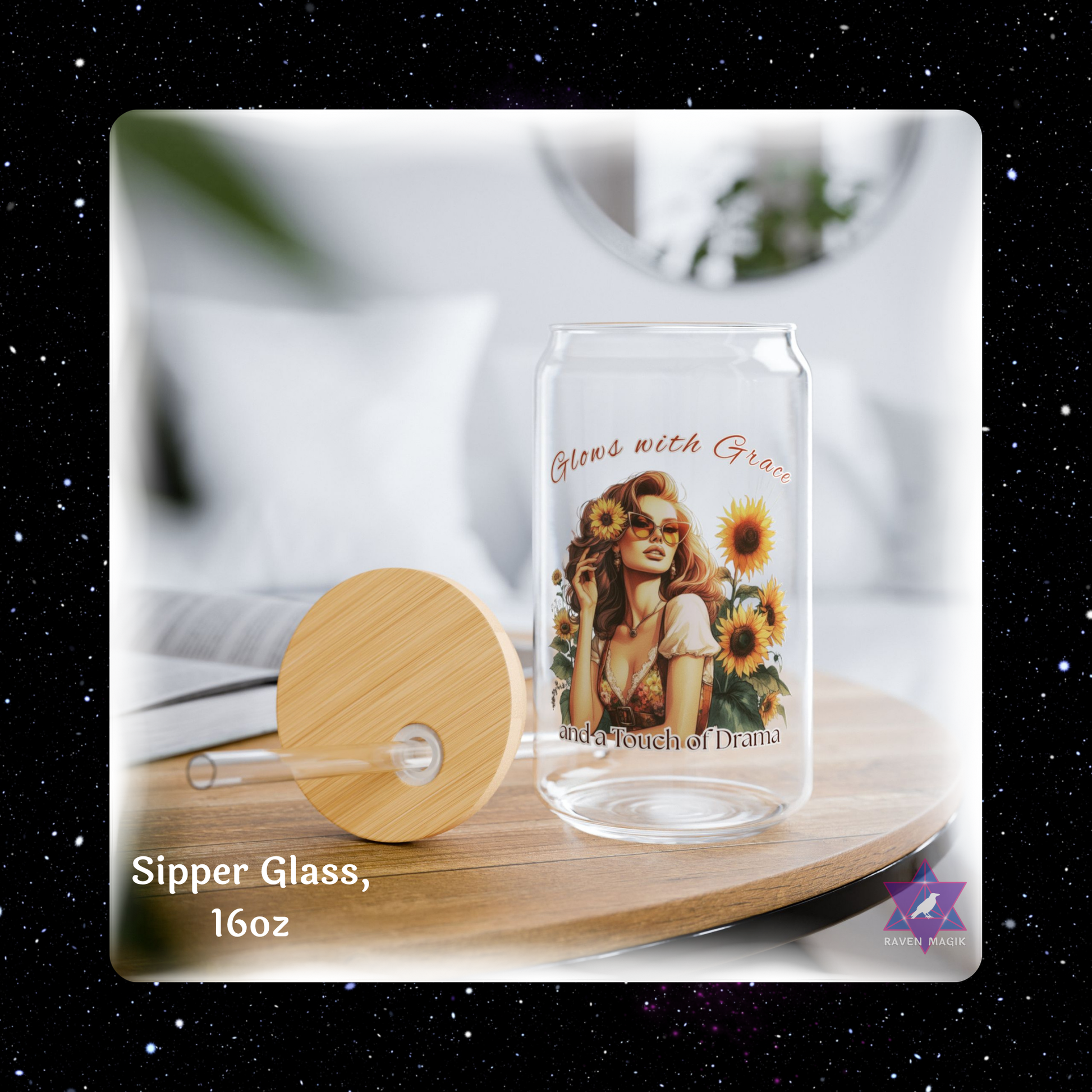 Clear glass sipper with wooden lid on a white surface, featuring a design of a woman with sunflowers.