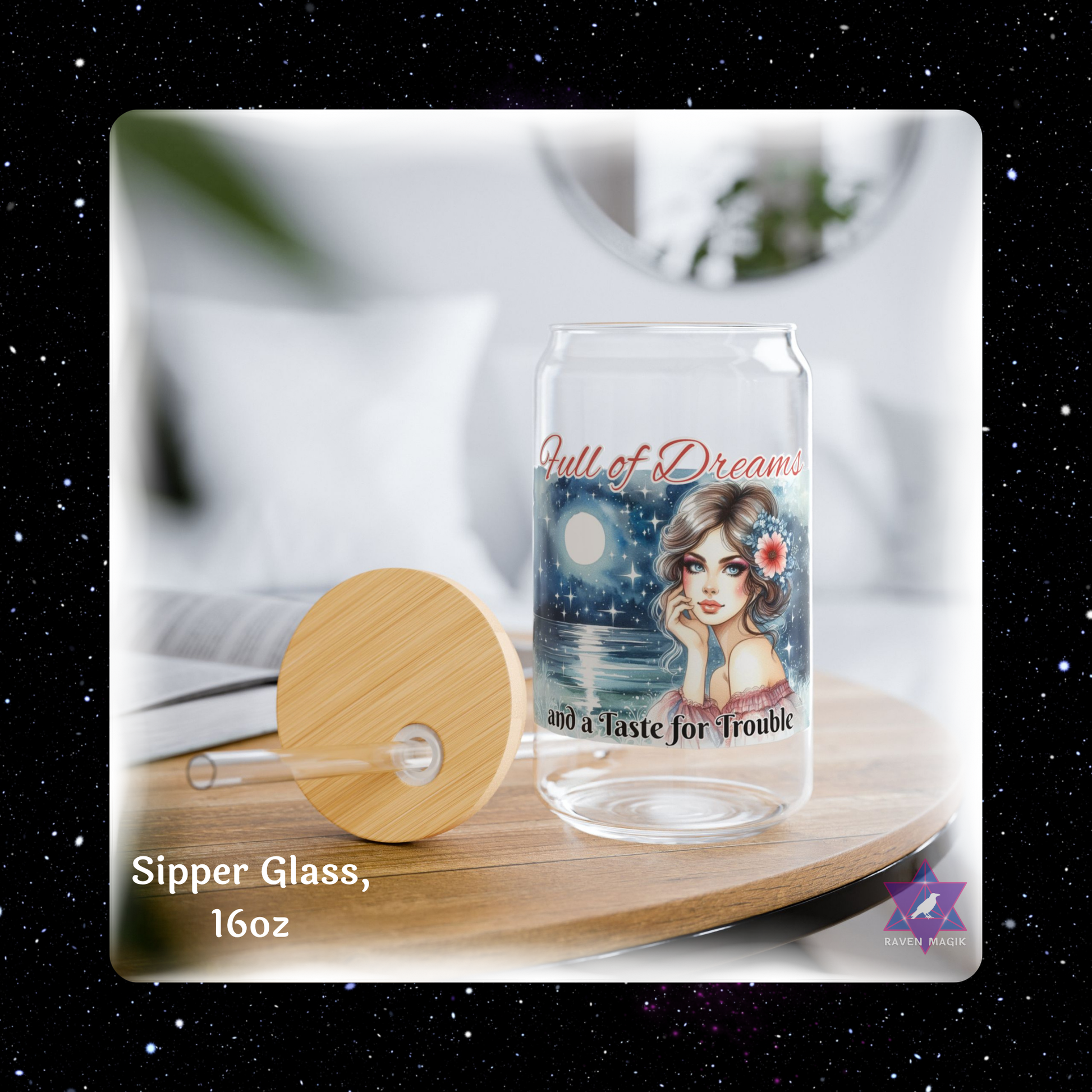 Glass sipper with artistic design on a wooden coaster, surrounded by a starry night background.