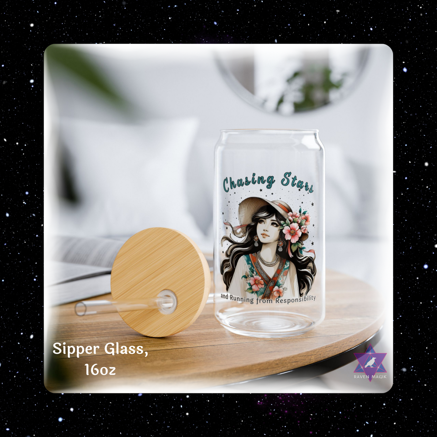 Glass sipper with artistic design on a wooden stand, featuring text 'Chasing Stars'.