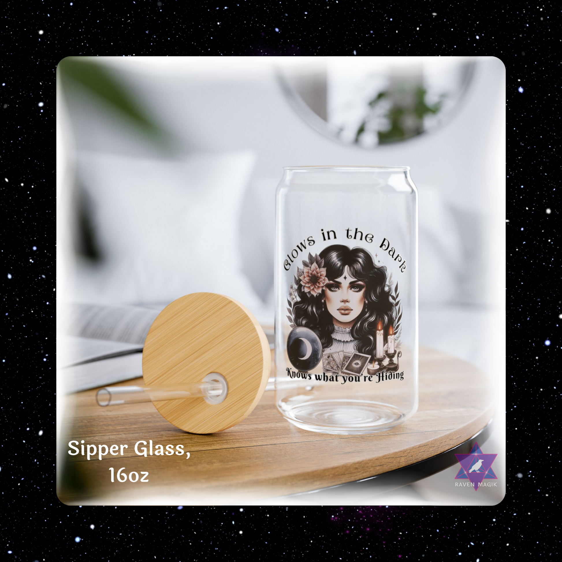 Glass sipper with wooden lid on a wooden coaster, featuring text and graphics.