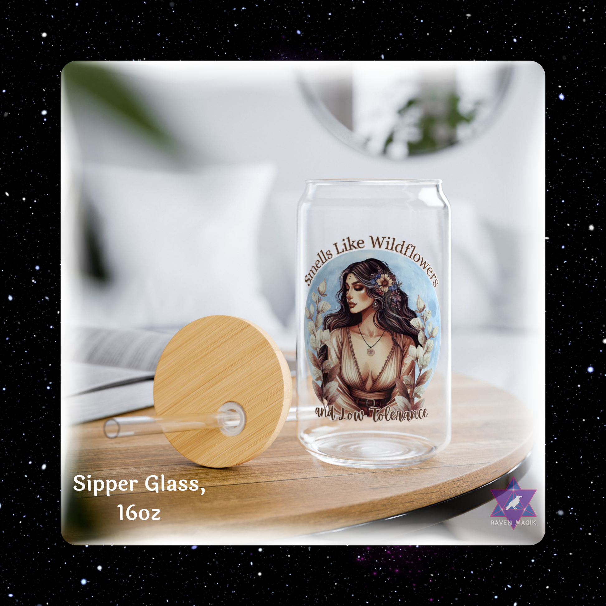 Glass sipper with wooden lid on a wooden stand, featuring an illustration of a woman with flowers in her hair.