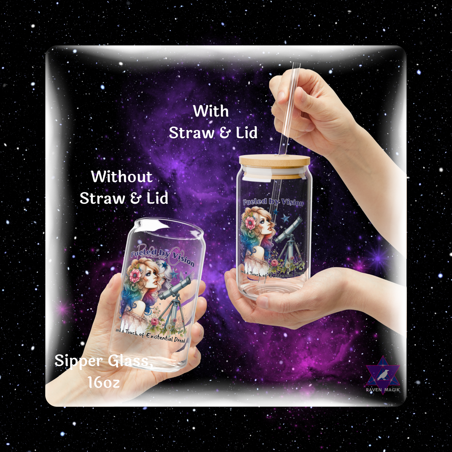 Glass jar with straw and lid held by hands against a starry space background