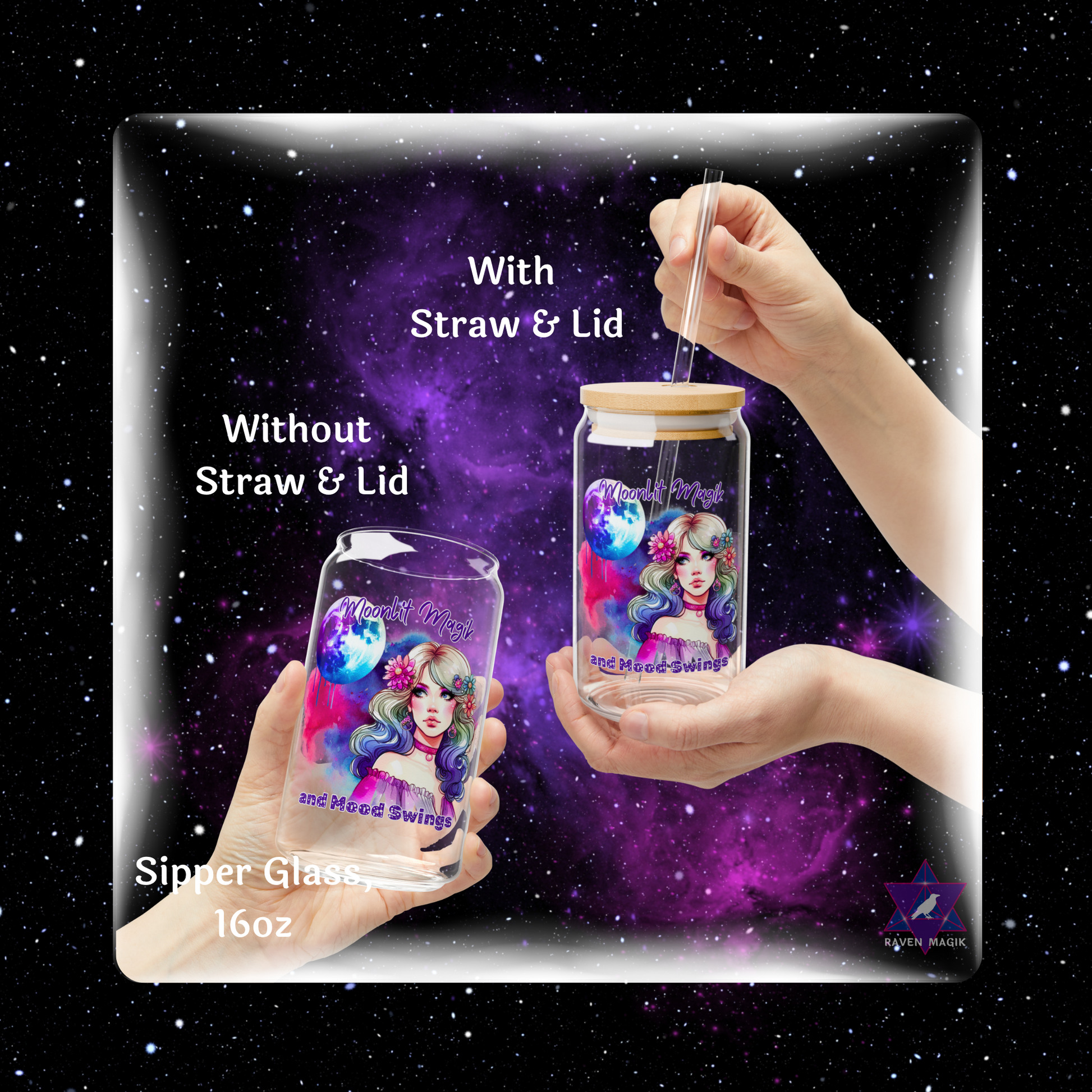 Two hands holding colorful drink jars with straw and lid options against a starry night sky background.
