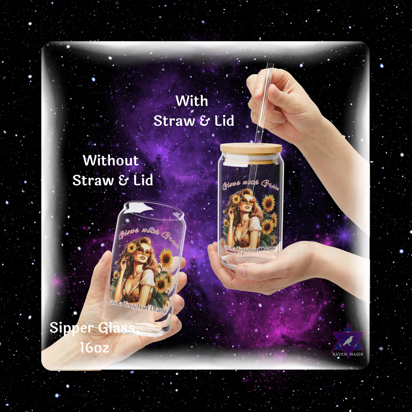Two hands holding glass jars with straw and lid options against a starry night sky background.