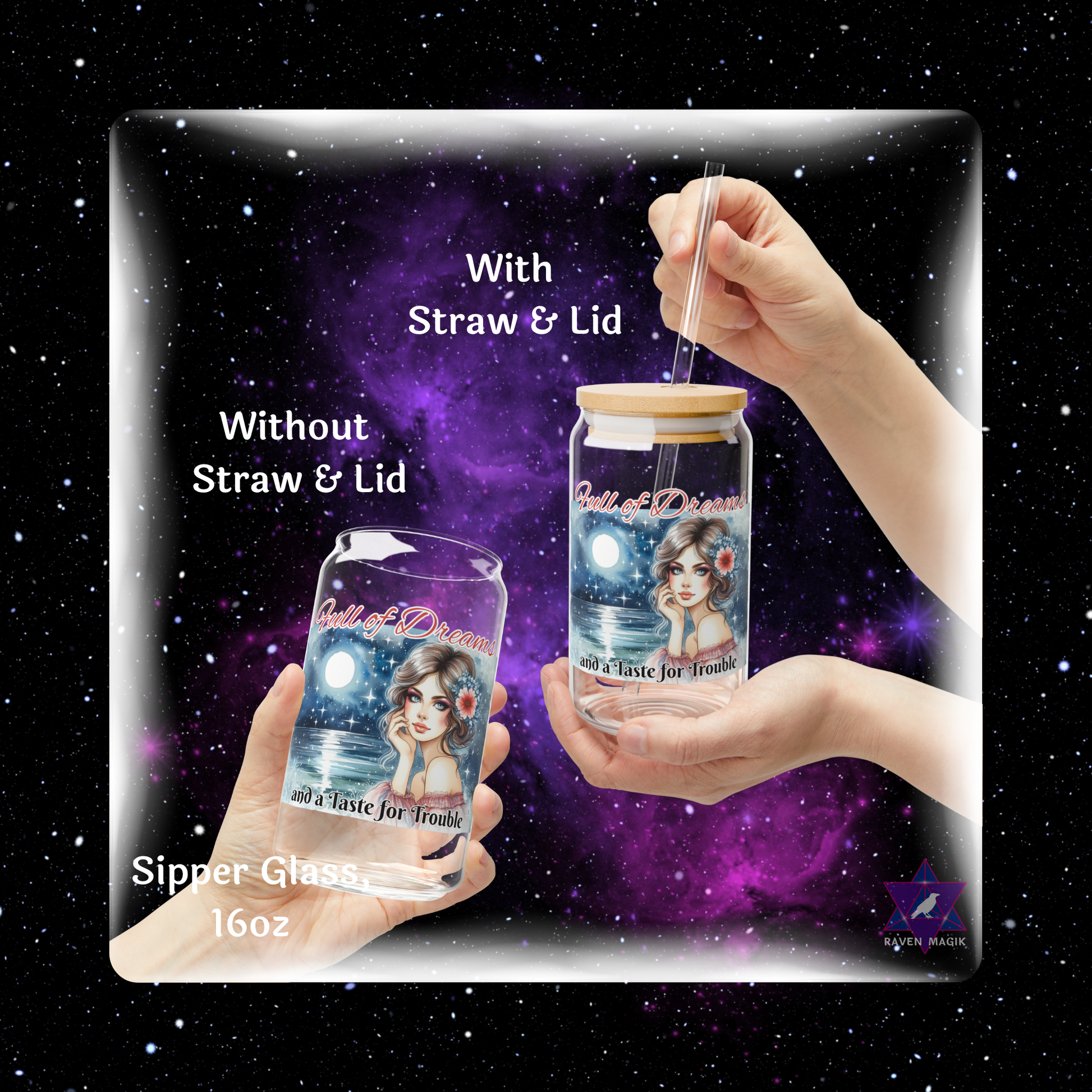 Glass sipper with straw and lid on a starry night background