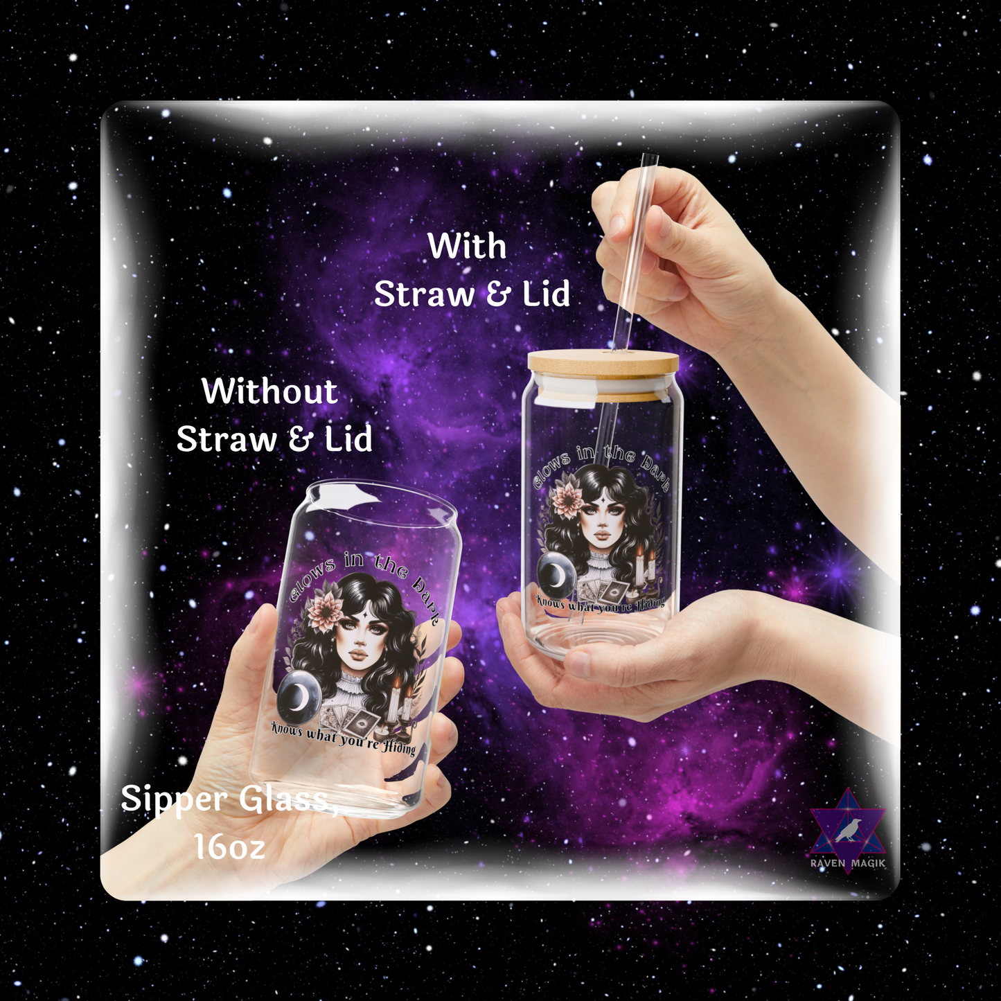 Two glass jars with straw and lid, one without straw and lid, held by hands against a starry night sky background.