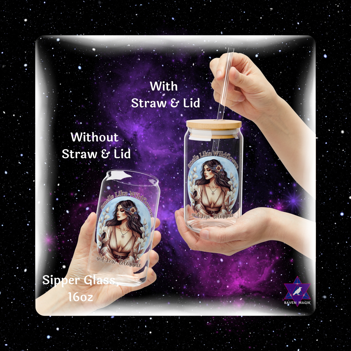 Glass sipper with straw and lid held by hands against a starry space background