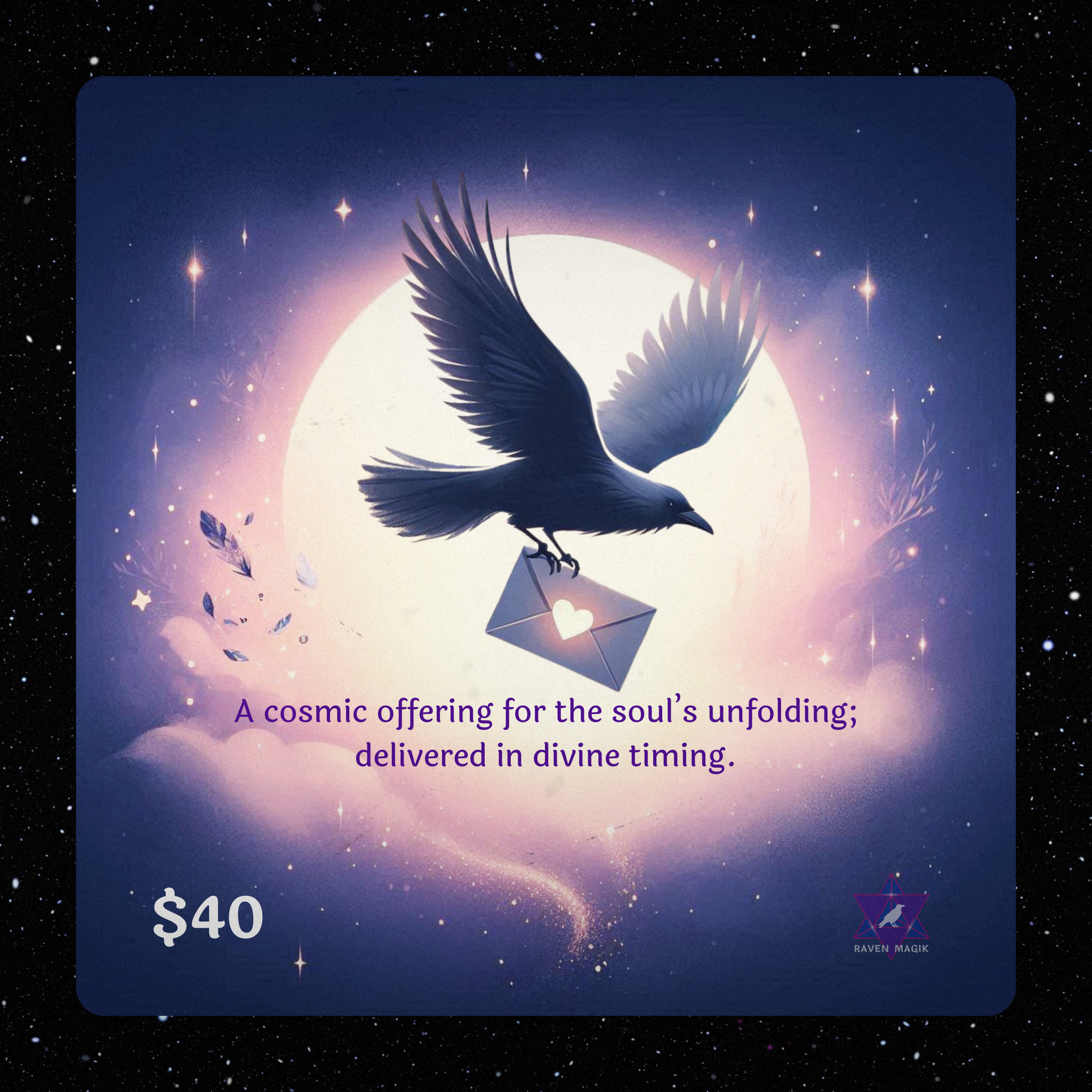Card with a bird holding an envelope against a cosmic background, priced at $40.