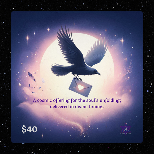 Card with a bird holding an envelope against a cosmic background, priced at $40.