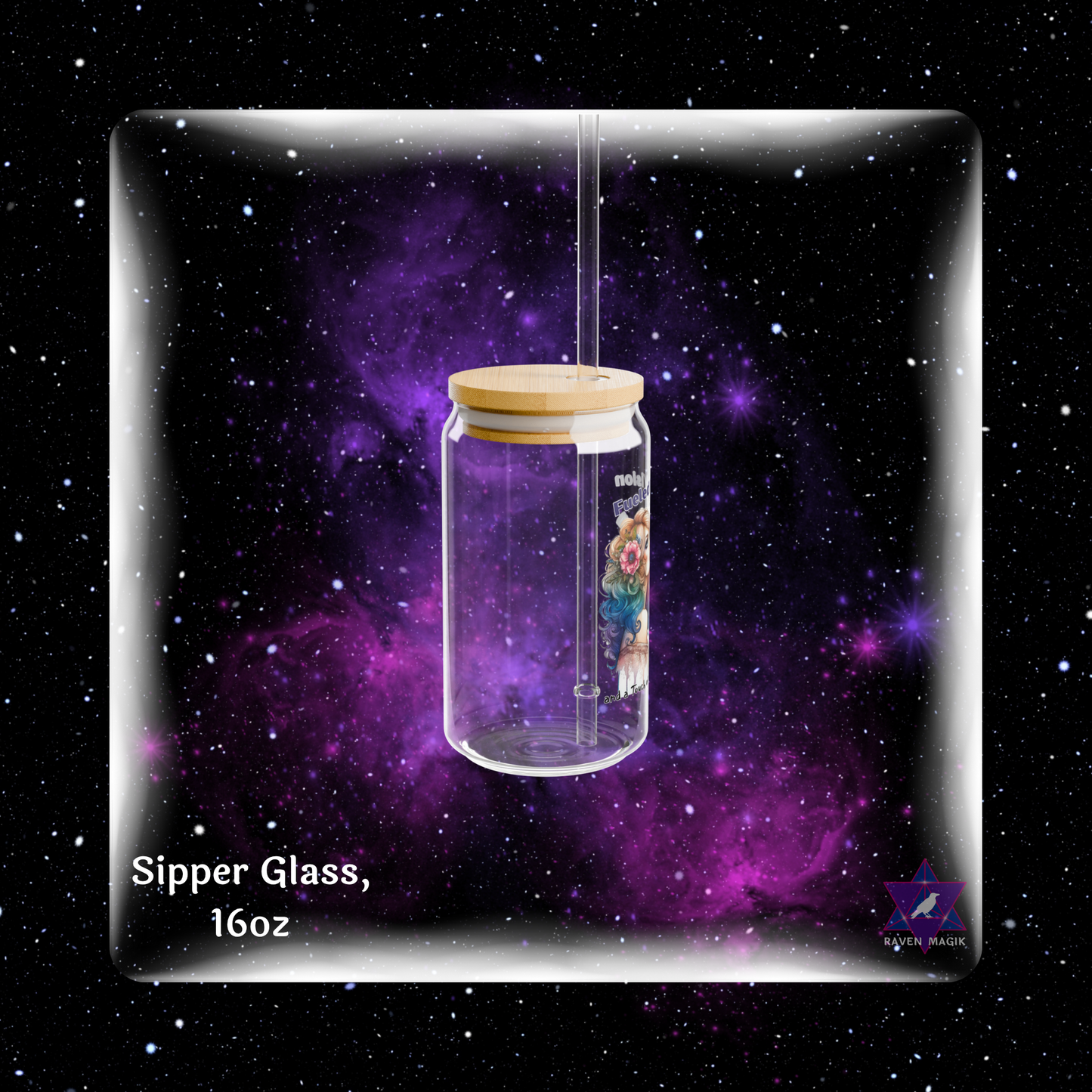 Glass sipper with wooden lid against a starry space background