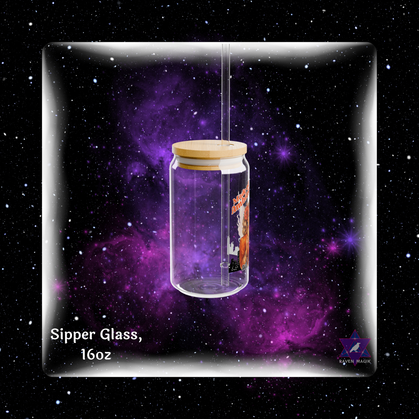 Glass sipper with wooden lid against a starry space-themed background