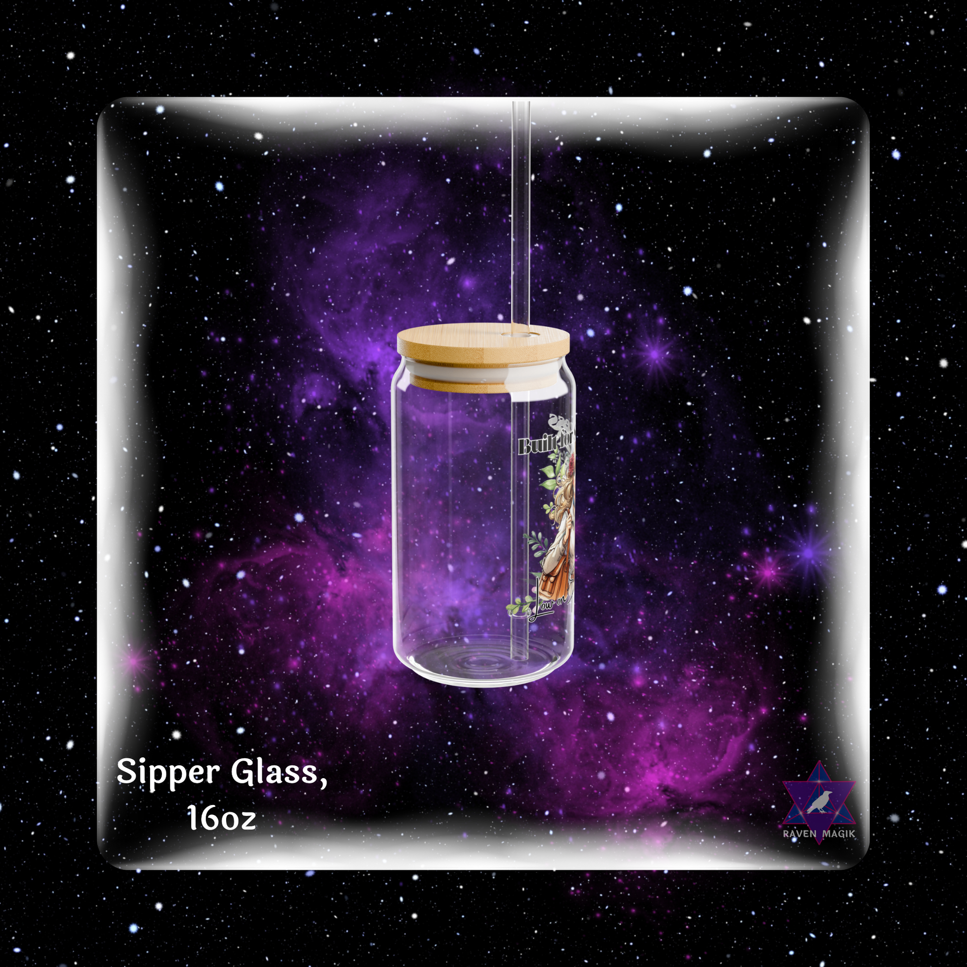 Glass sipper with wooden lid on a starry space-themed background