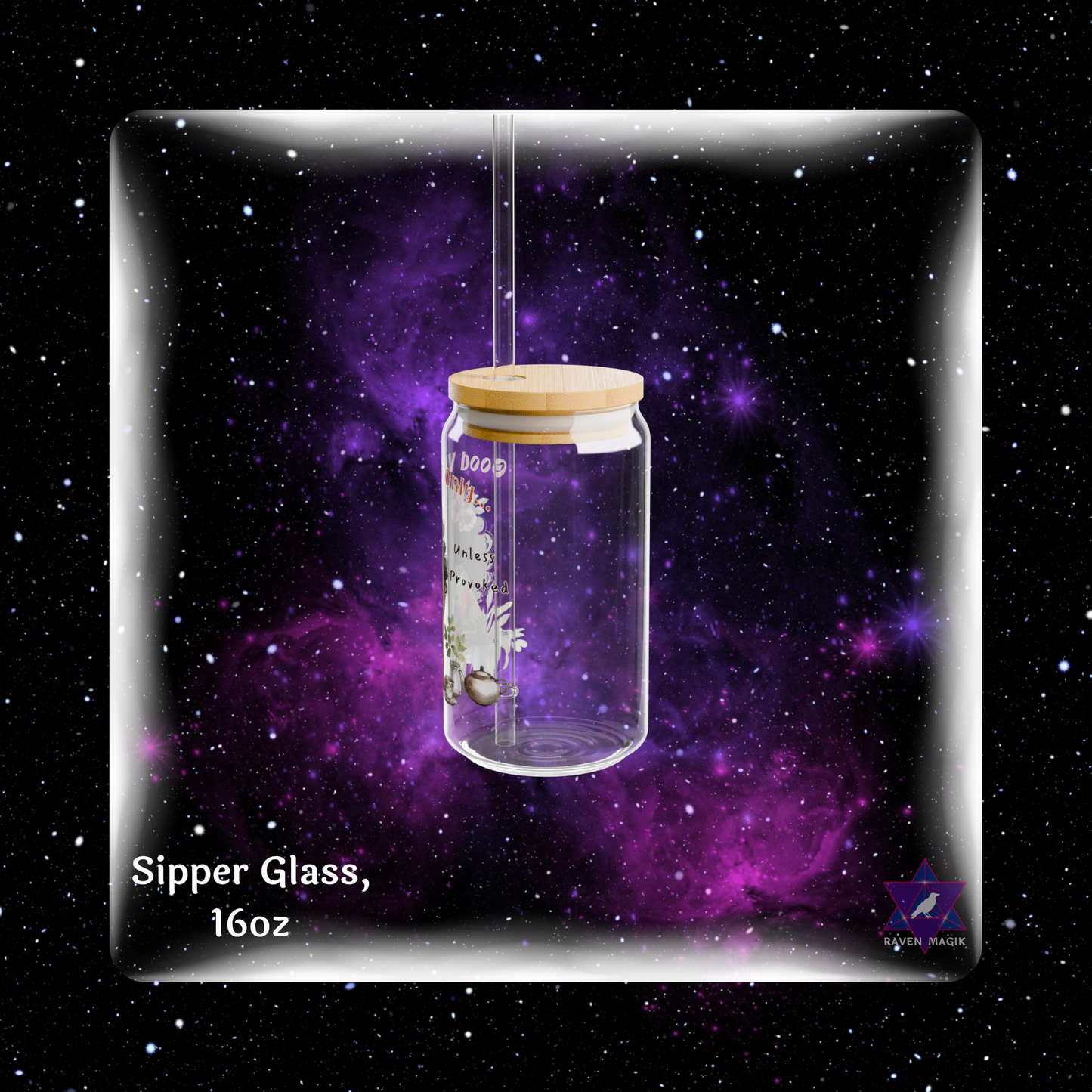 Glass sipper with wooden lid against a starry space-themed background