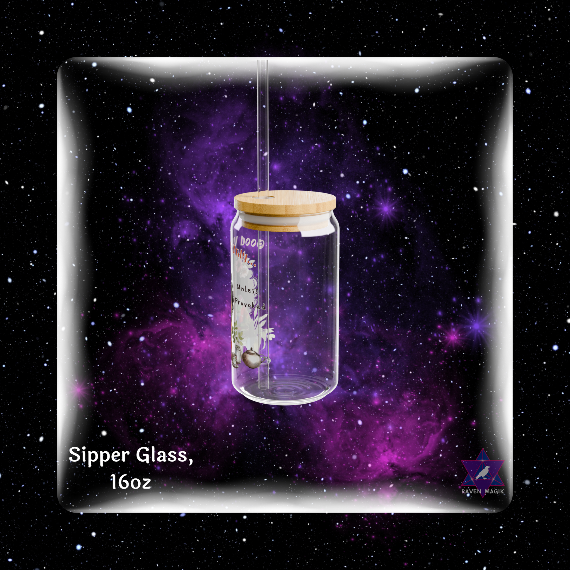 Glass sipper with wooden lid against a starry space-themed background