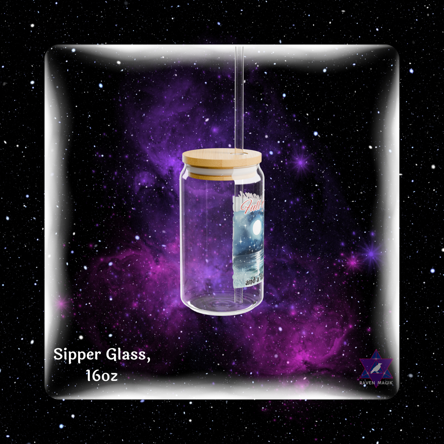 Glass sipper with wooden lid against a starry space background