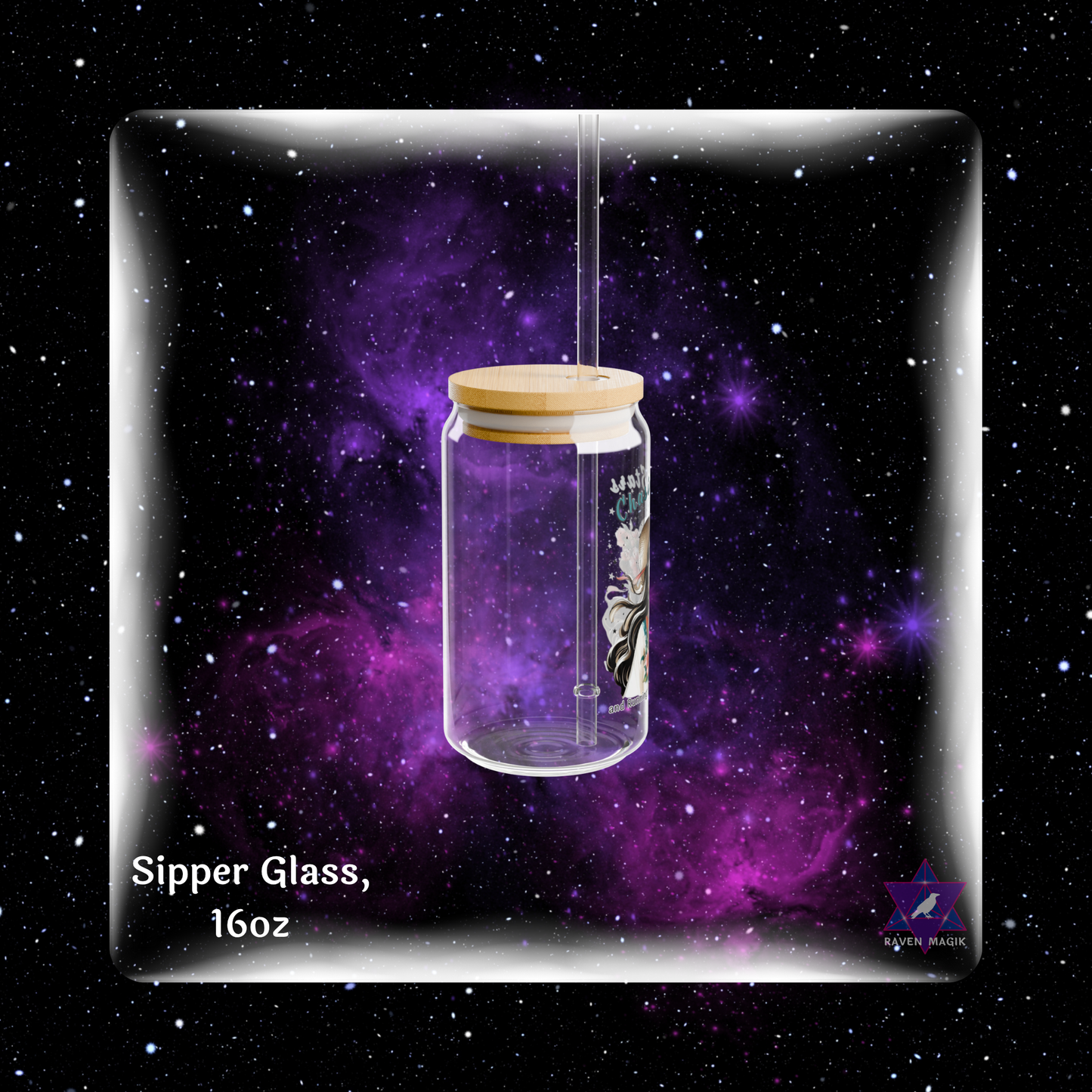 Glass sipper with wooden lid against a starry space-themed background