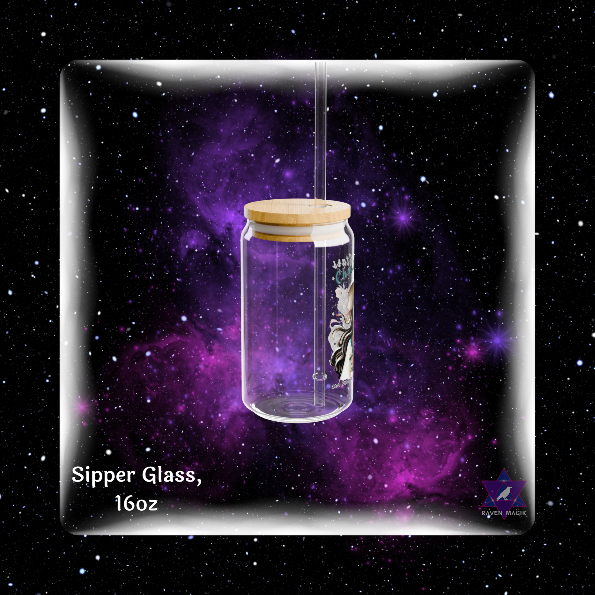 Glass sipper with wooden lid against a starry space-themed background