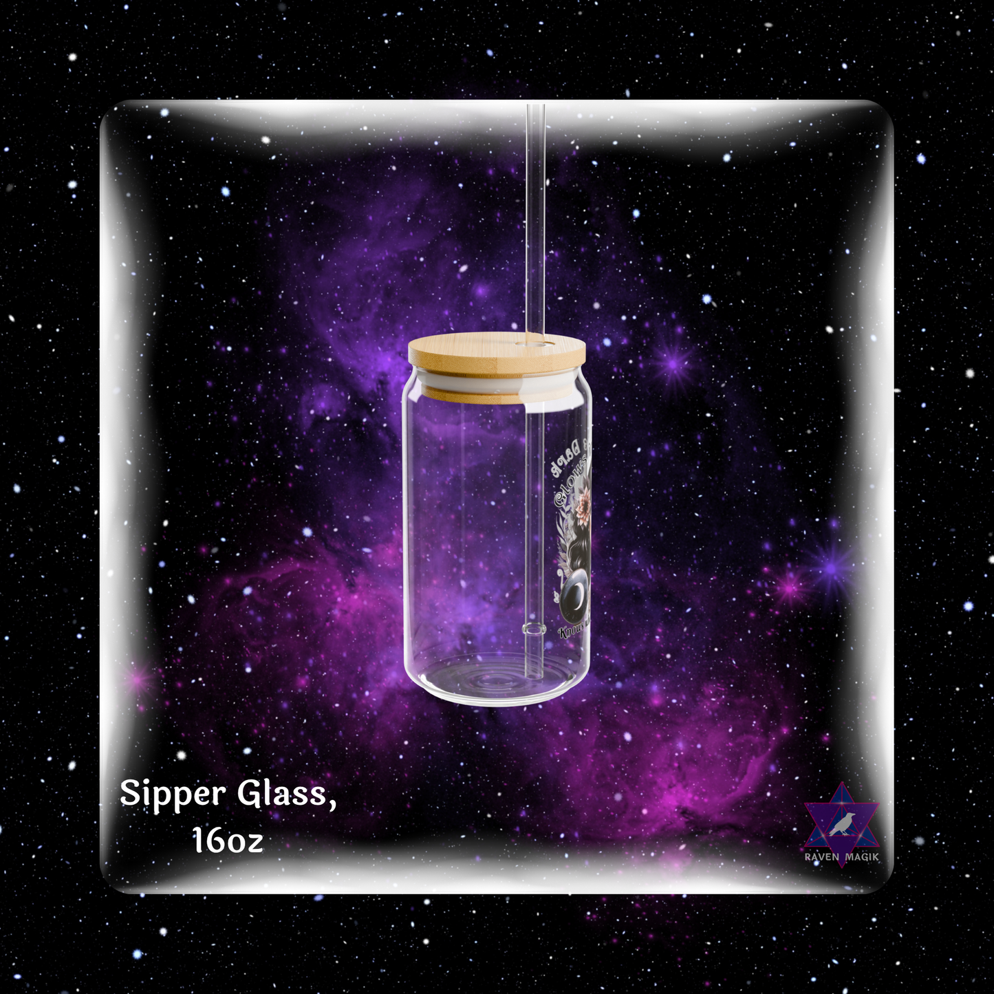Glass sipper with wooden lid against a starry space background