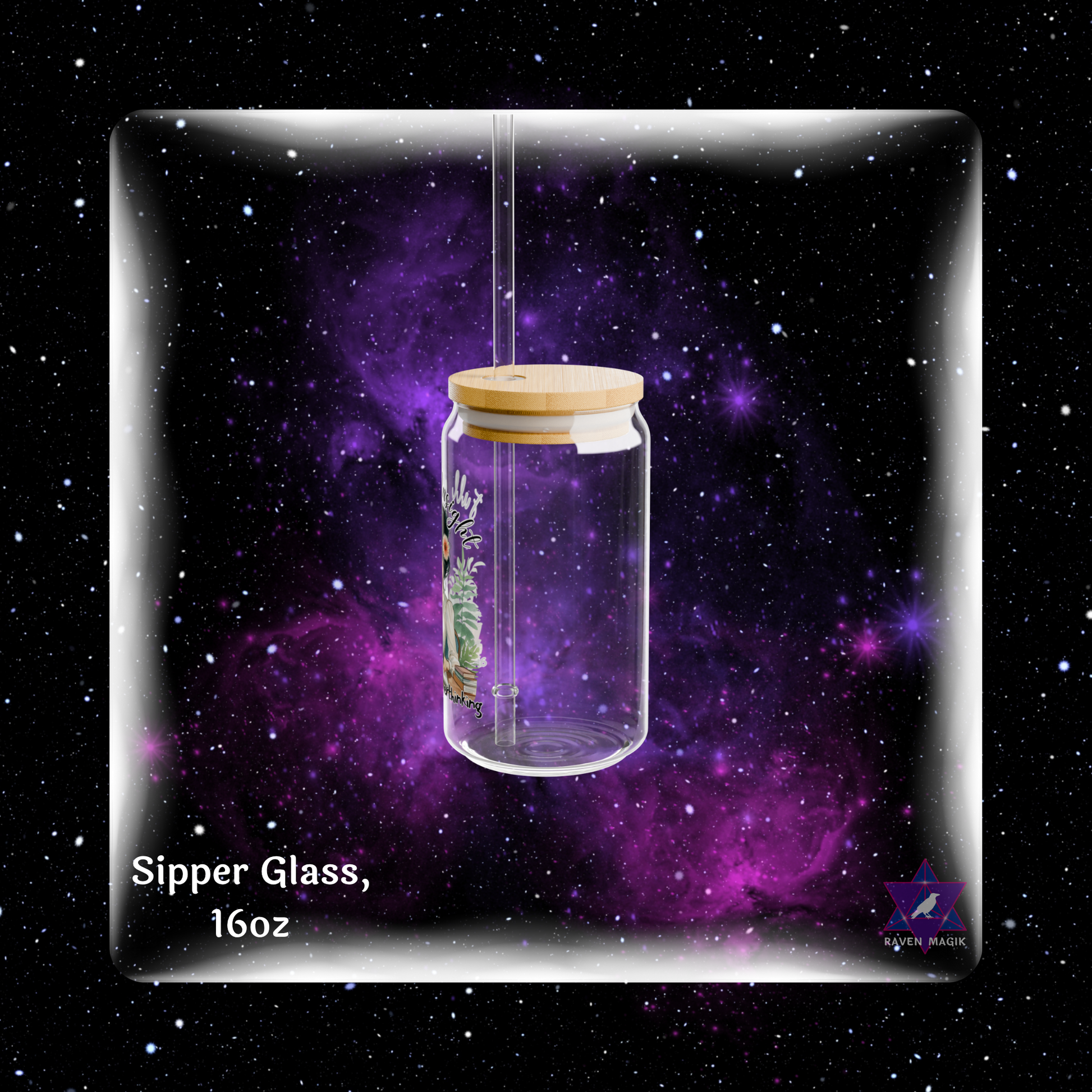 Glass sipper with wooden lid against a starry space background
